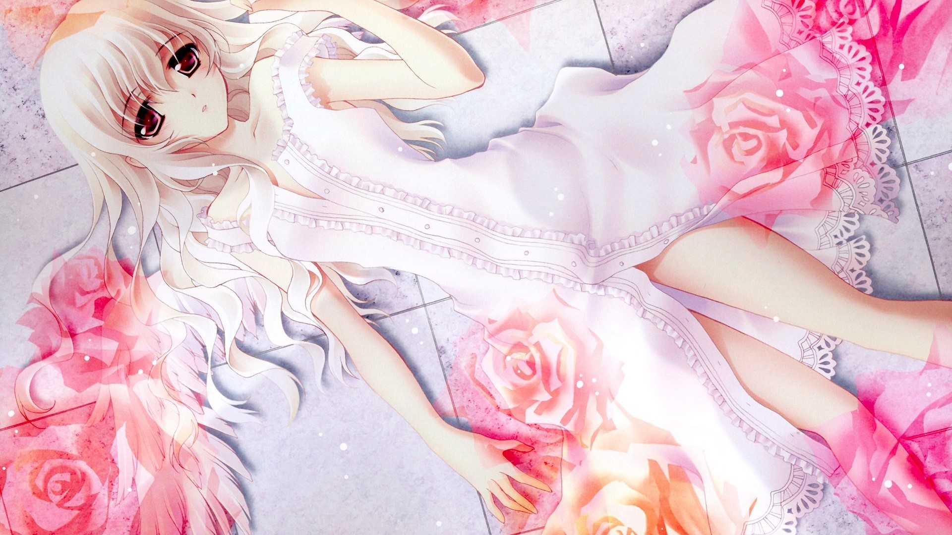 Anime Girl with White Hair and Roses HD Wallpaper