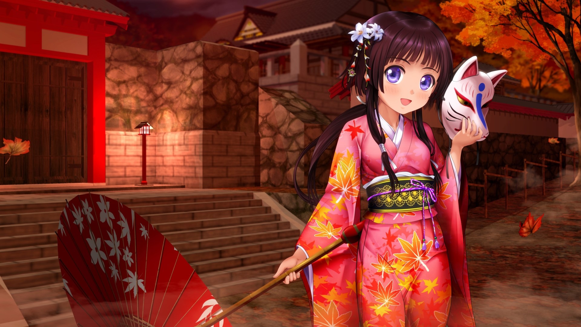 Anime Girl in Kimono Holding Fox Mask and Umbrella HD Wallpaper