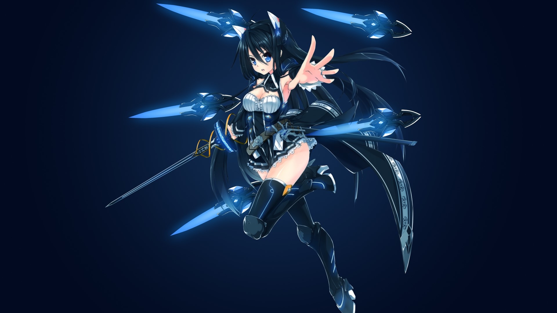 Anime girl with blue glowing swords HD Wallpaper