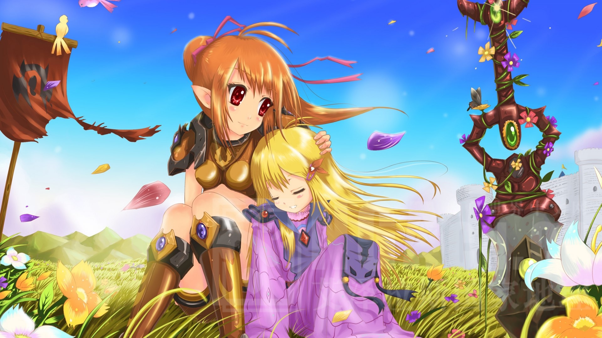 Anime girls in a fantasy field with a sword HD Wallpaper