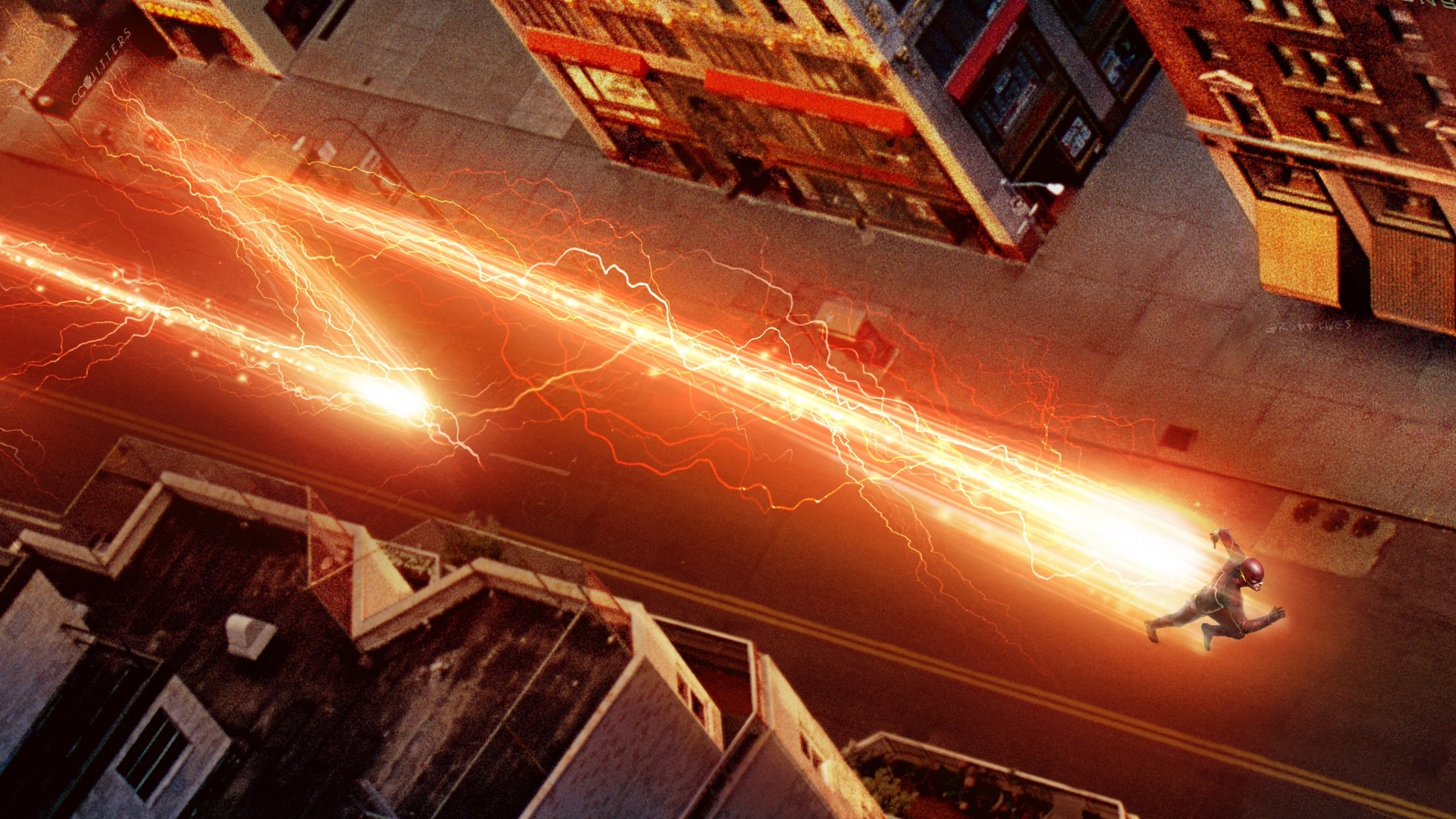 The Flash running through a city street HD Wallpaper