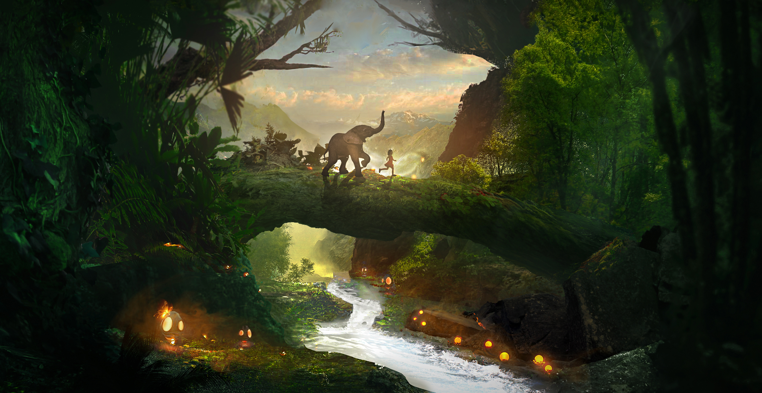 Elephant and child crossing a forest bridge over a stream HD Wallpaper