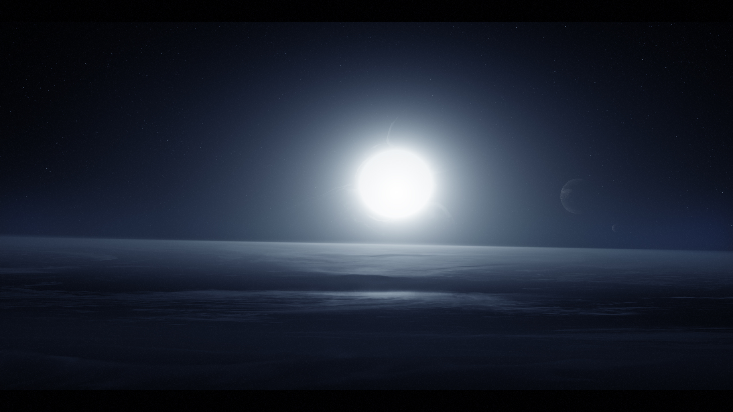 Bright star over alien ocean with moons HD Wallpaper