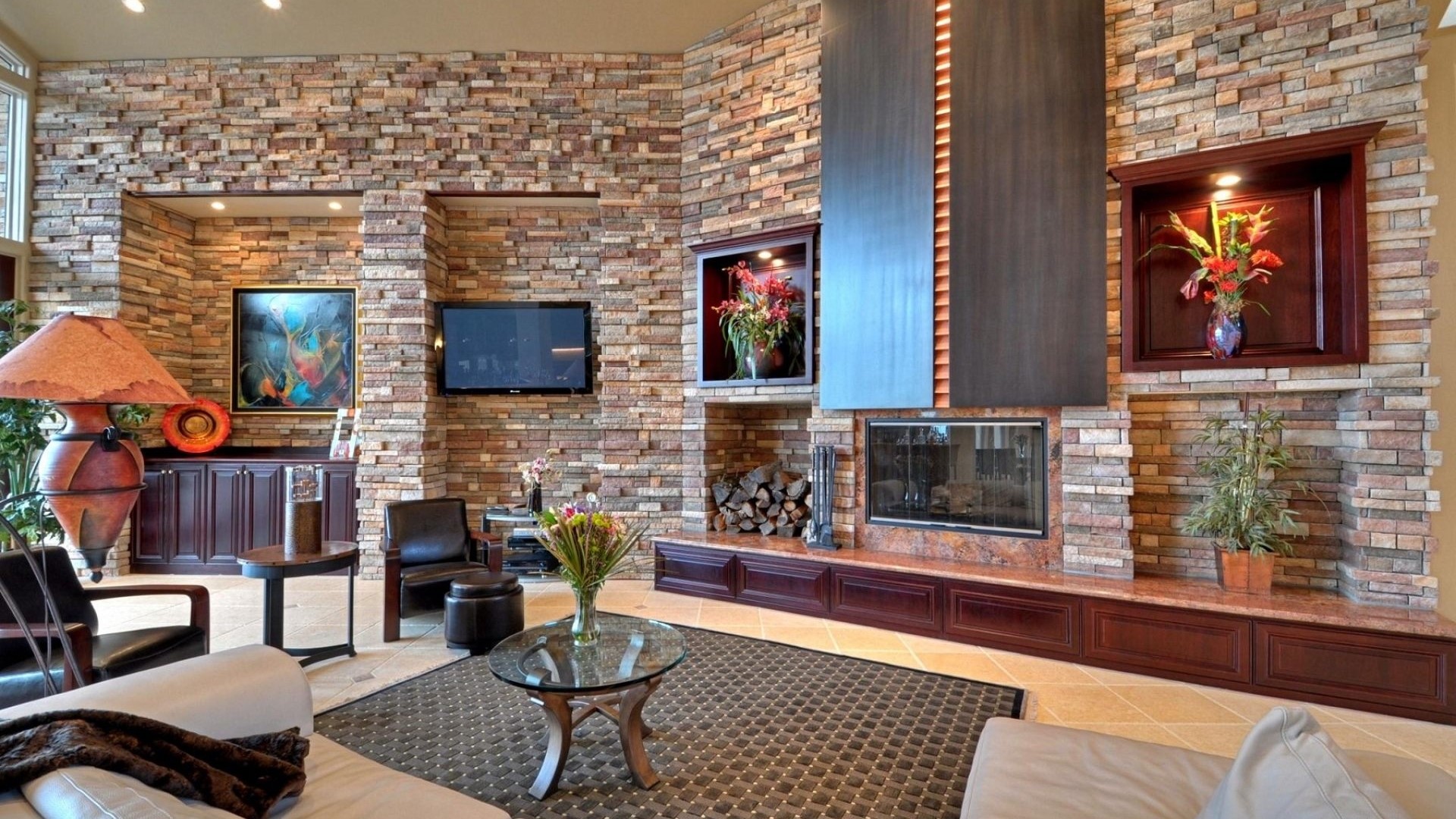 Living room with stone fireplace and modern decor HD Wallpaper