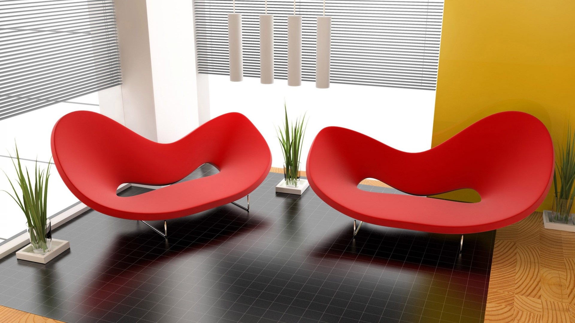 Modern red chairs in a minimalist room HD Wallpaper