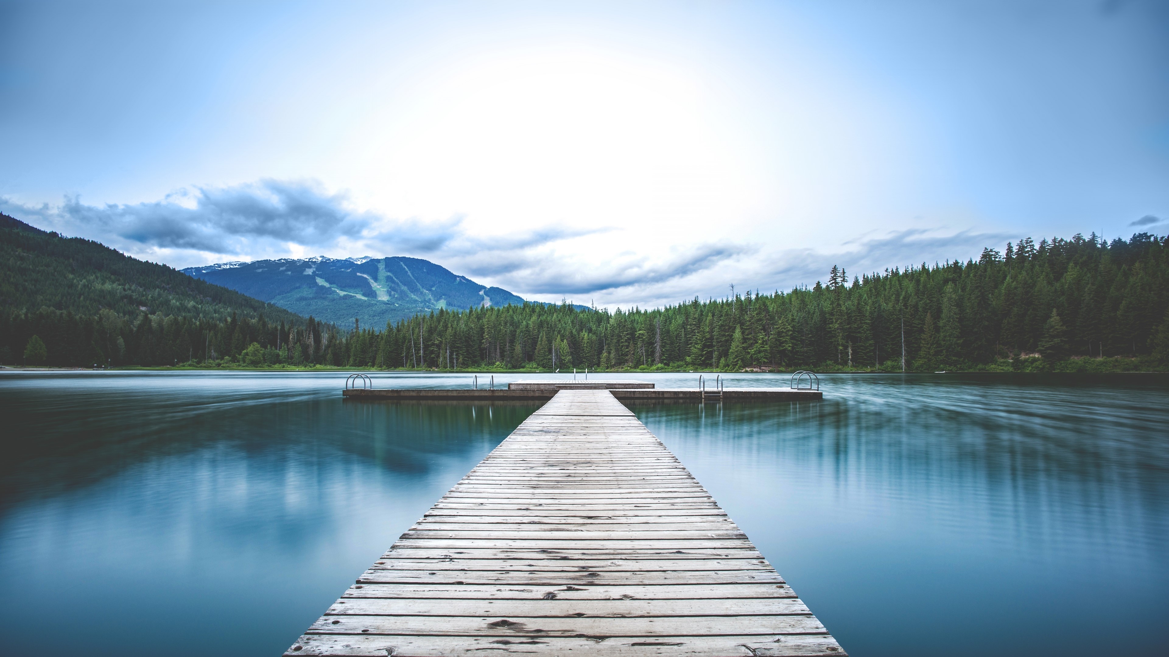 4K Loch with Wooden Pier and Mountains HD Wallpaper