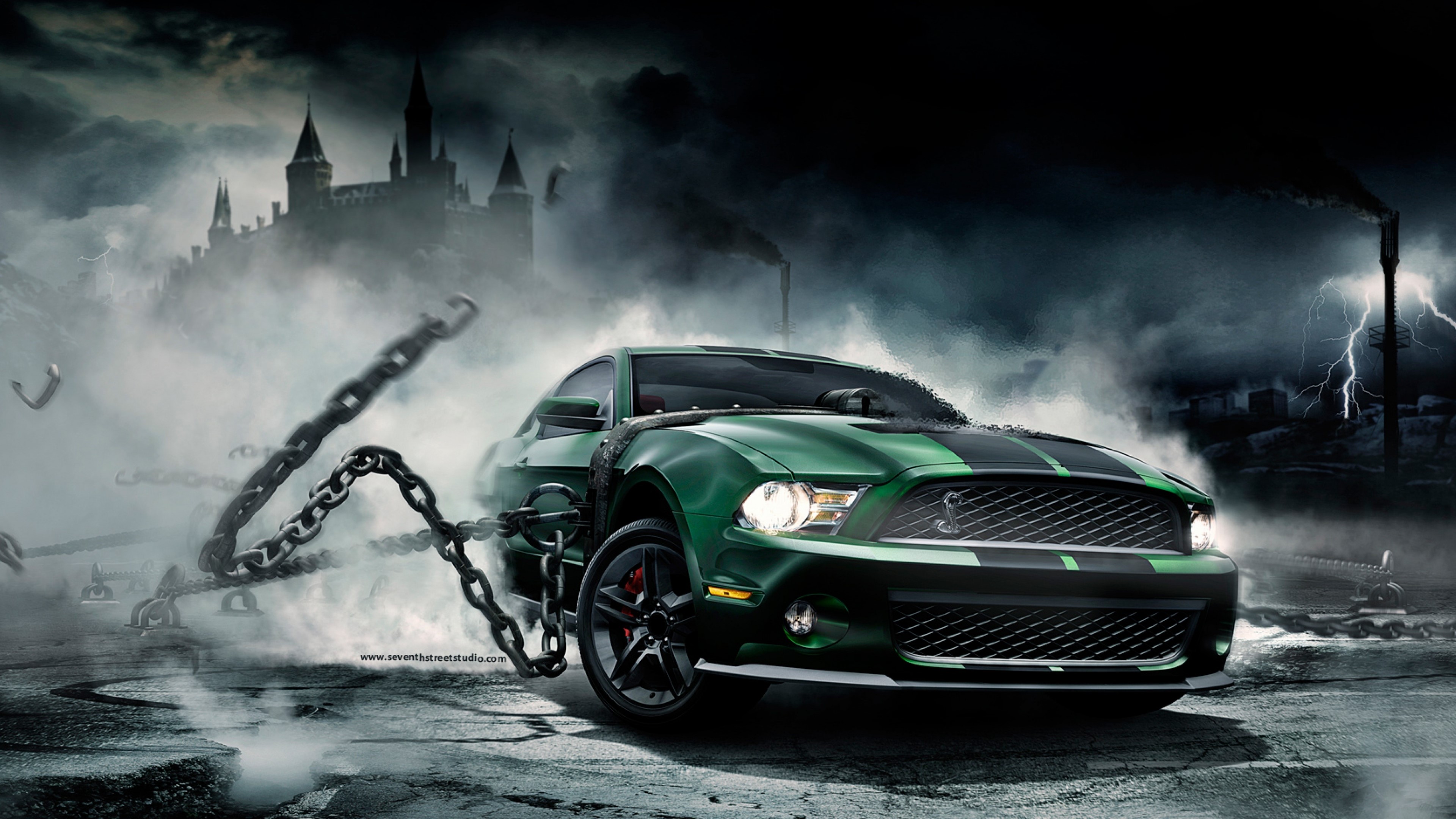 4K Green Ford Mustang with Chains HD Wallpaper