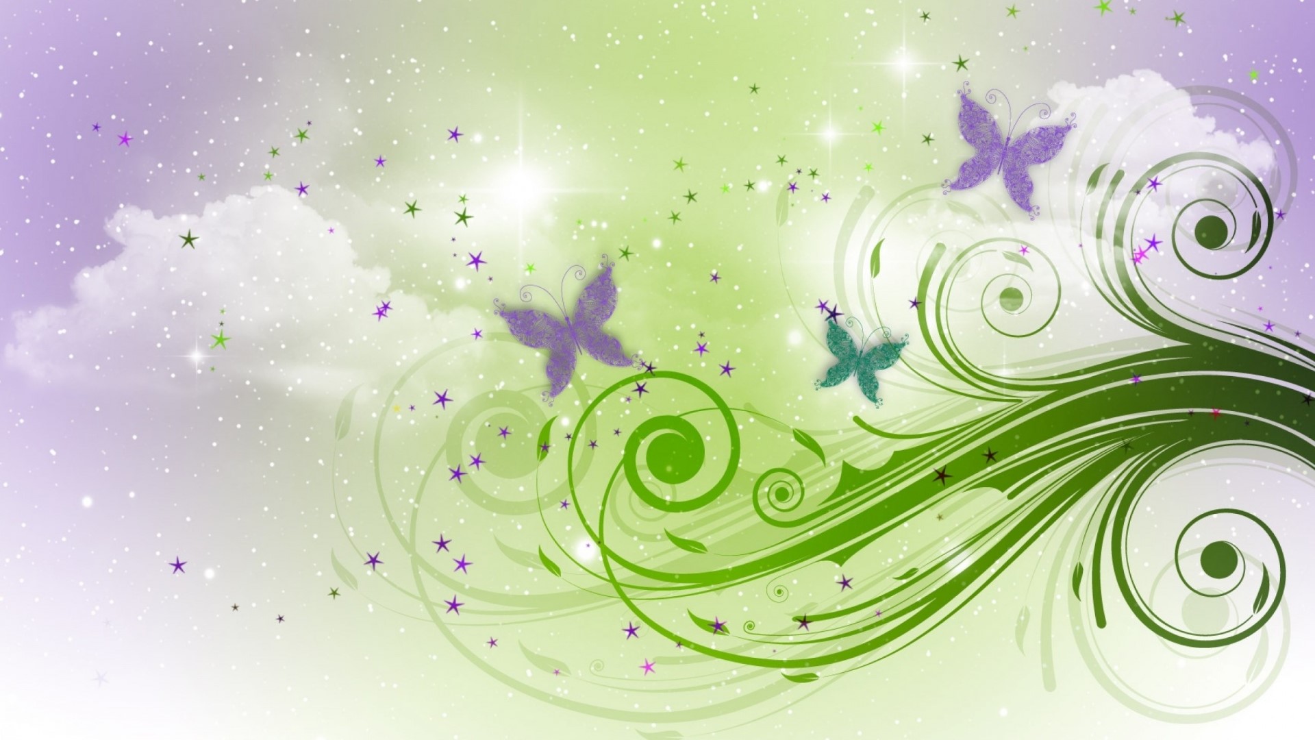 Purple and green butterflies with floral swirls HD Wallpaper