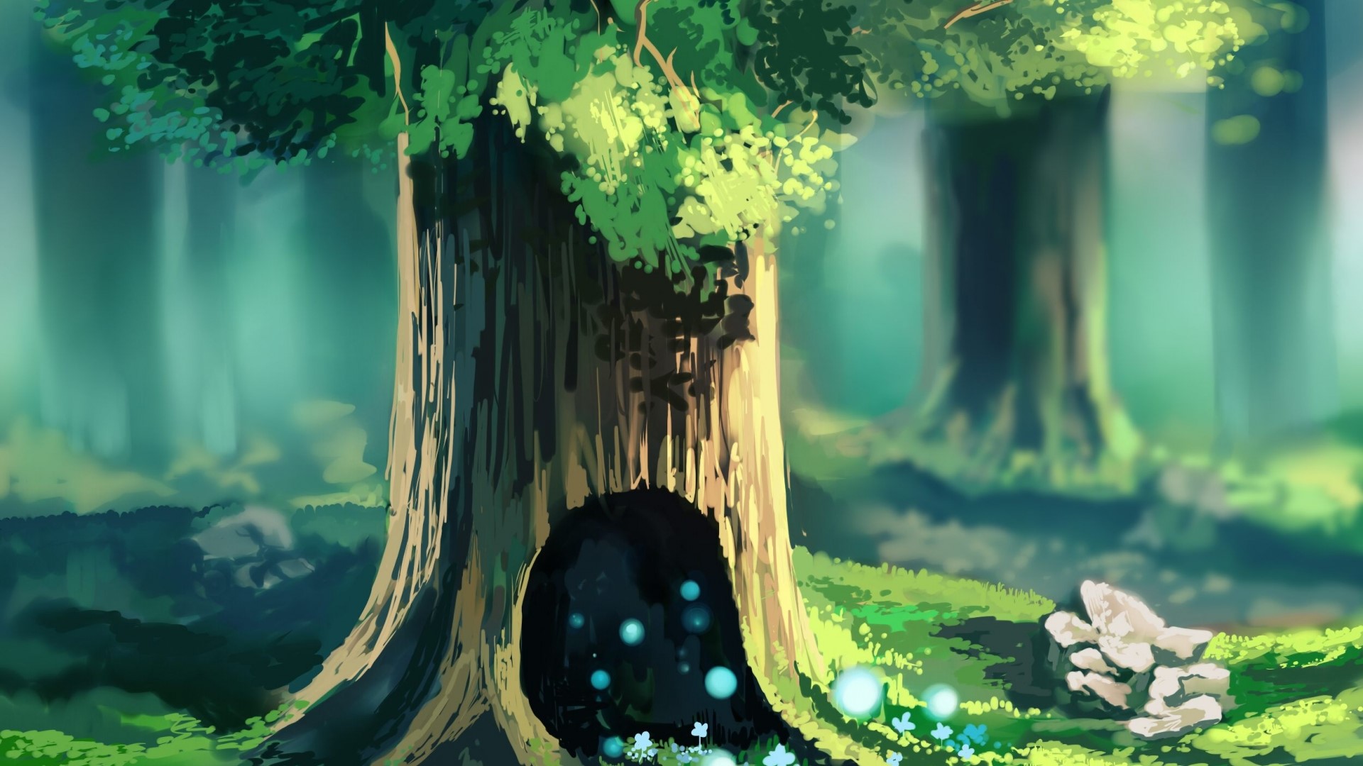 Enchanted Forest with Glowing Orbs HD Wallpaper