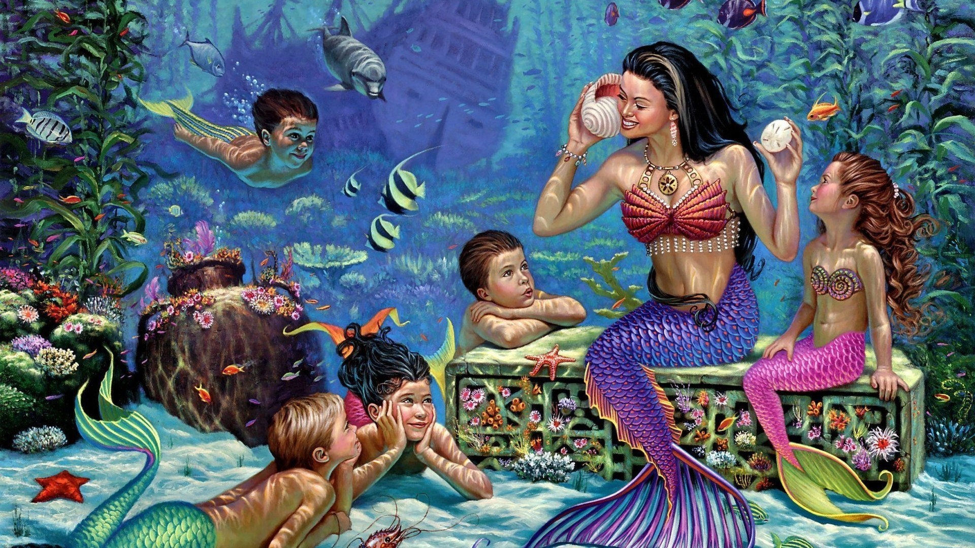 Mermaid Mother and Children Underwater HD Wallpaper