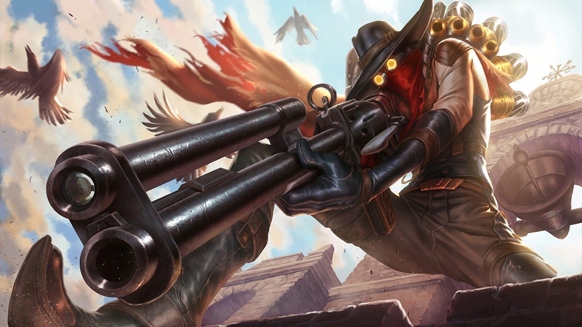 Jhin from League of Legends with a rifle HD Wallpaper