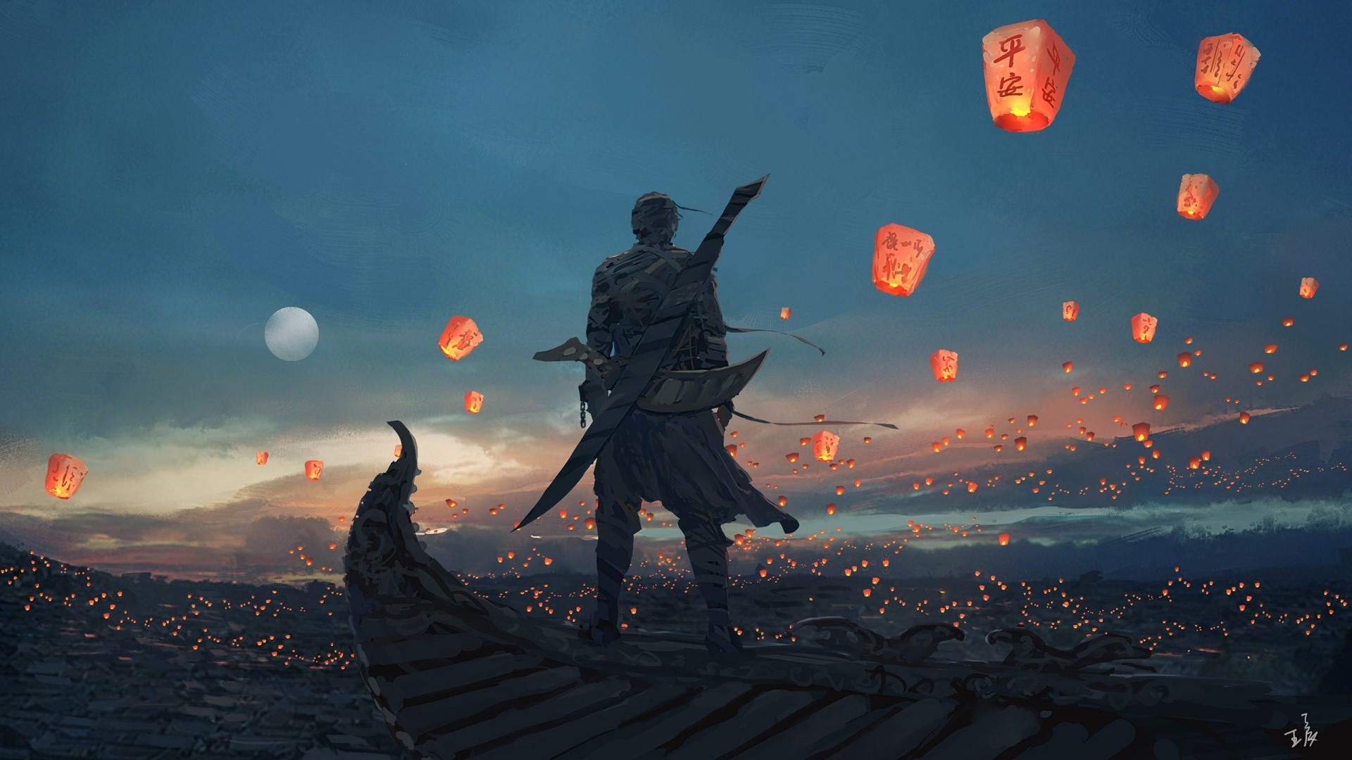 Man watching sky lanterns at dusk HD Wallpaper