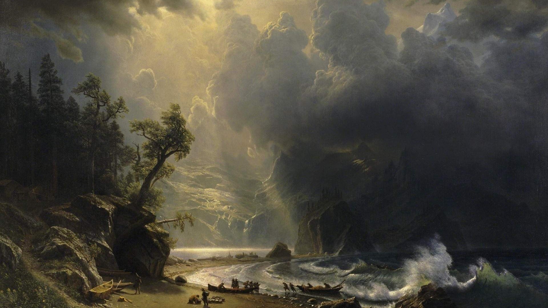 Stormy Sea with Canoes and Figures on Shore HD Wallpaper