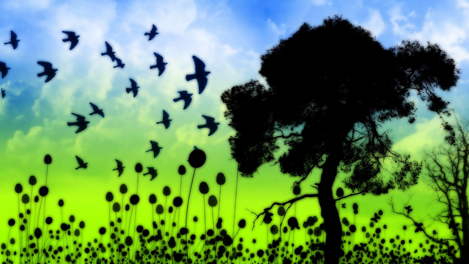 Birds flying over a field of flowers with a tree silhouette HD Wallpaper
