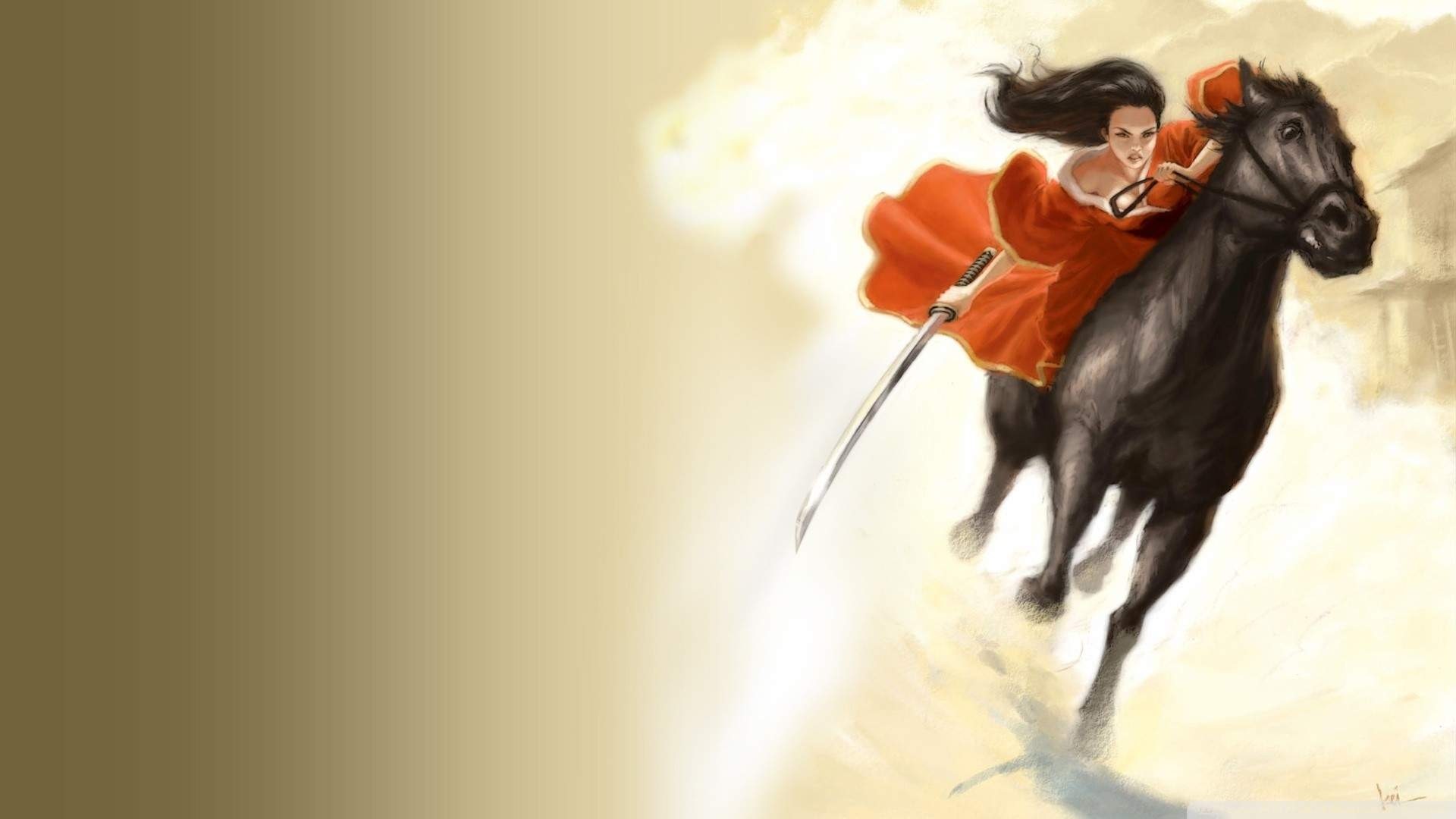 Woman warrior on horseback with sword HD Wallpaper