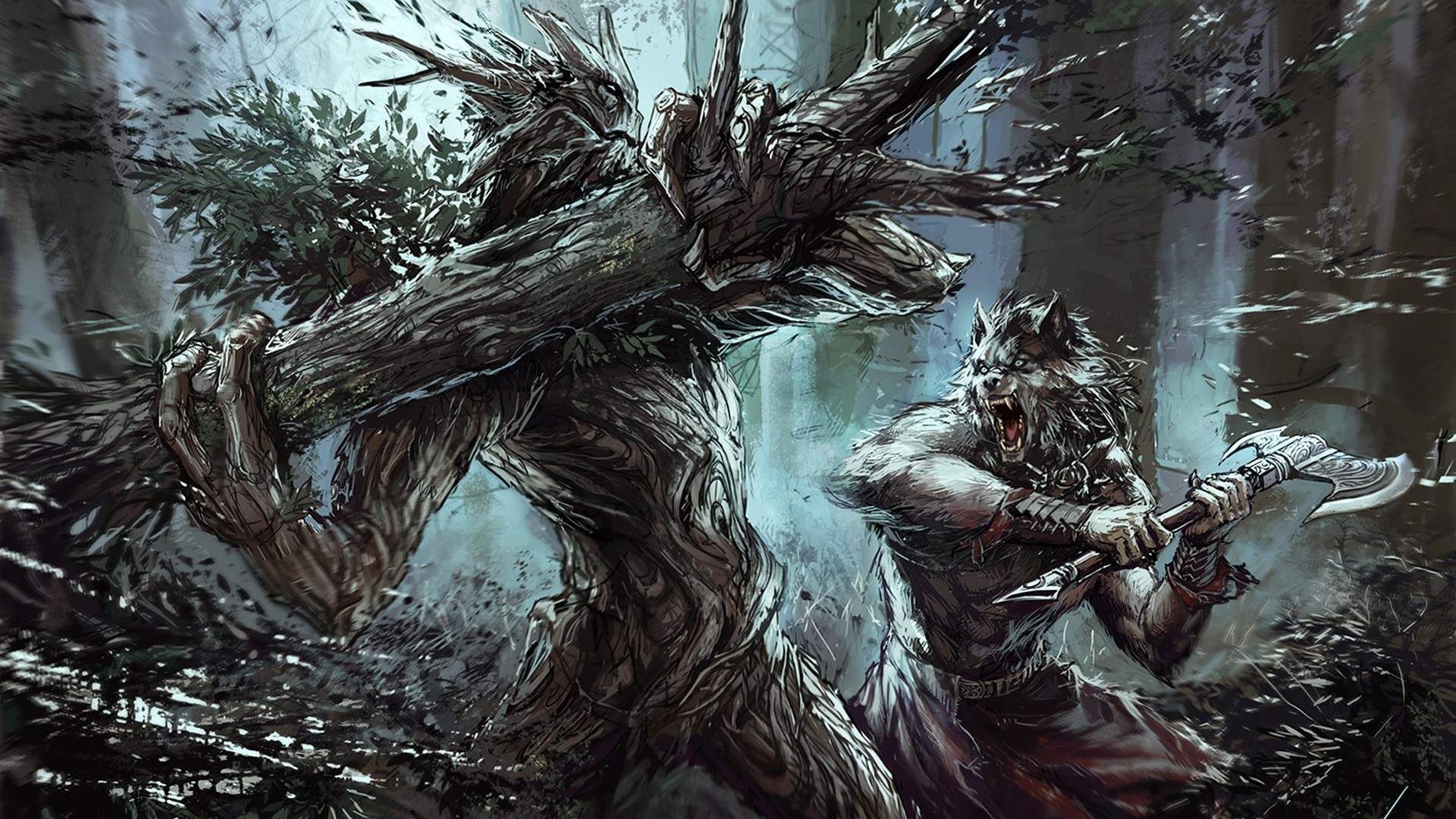 Tree monster fighting a werewolf with an axe HD Wallpaper