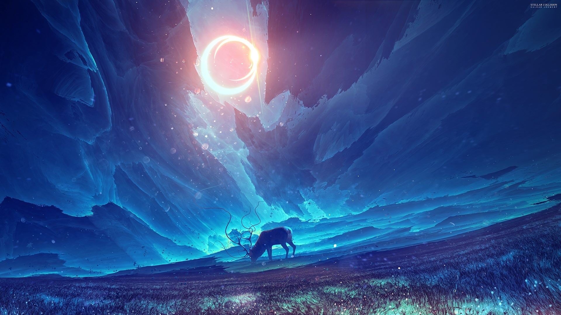 Surreal illustration of a deer under a ringed celestial body HD Wallpaper