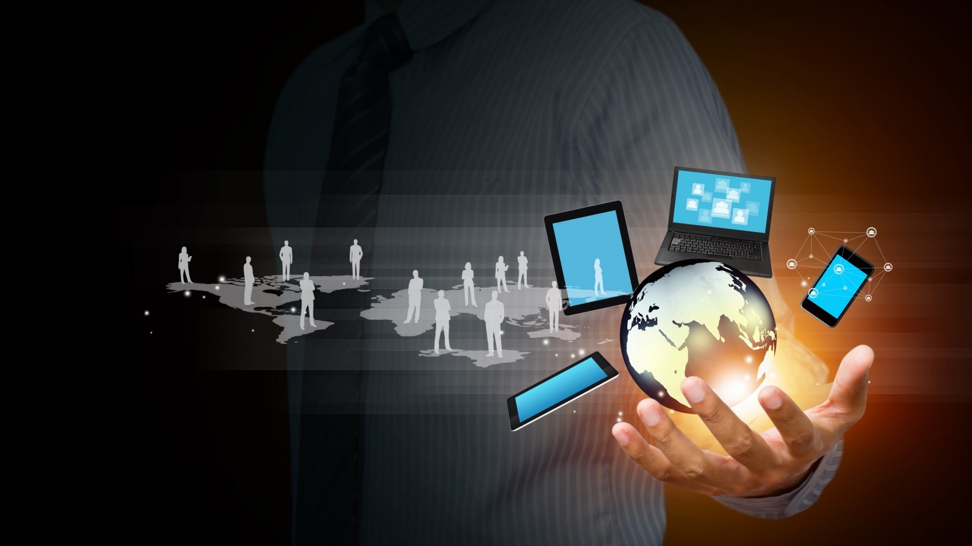 Man holding globe with technology and people network HD Wallpaper
