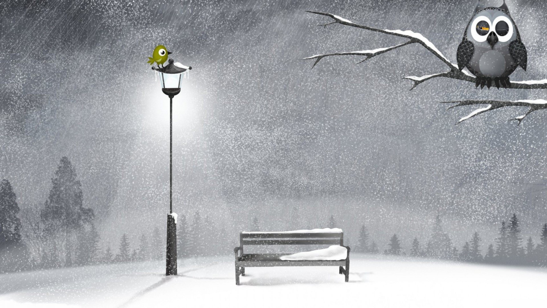 Owl and bird in a snowy park HD Wallpaper