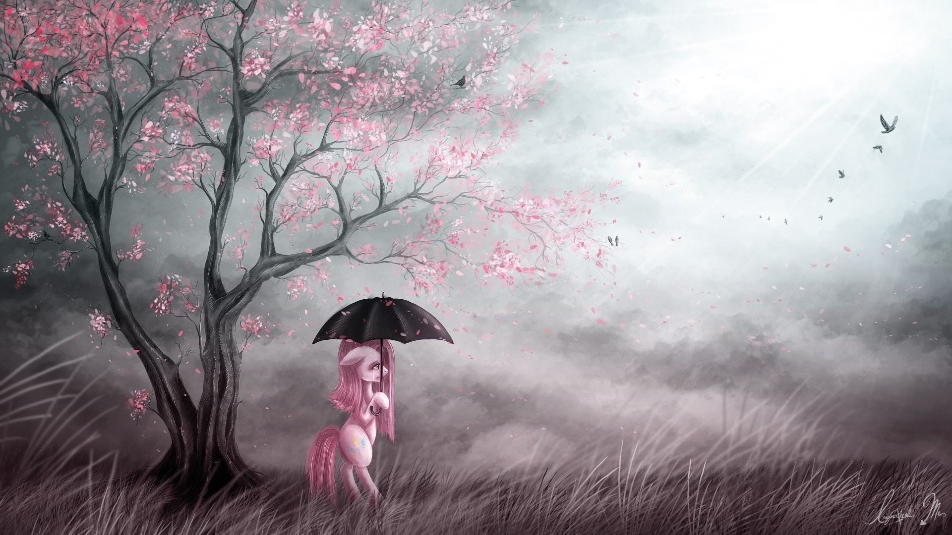 Pinkie Pie with umbrella under cherry blossom tree HD Wallpaper