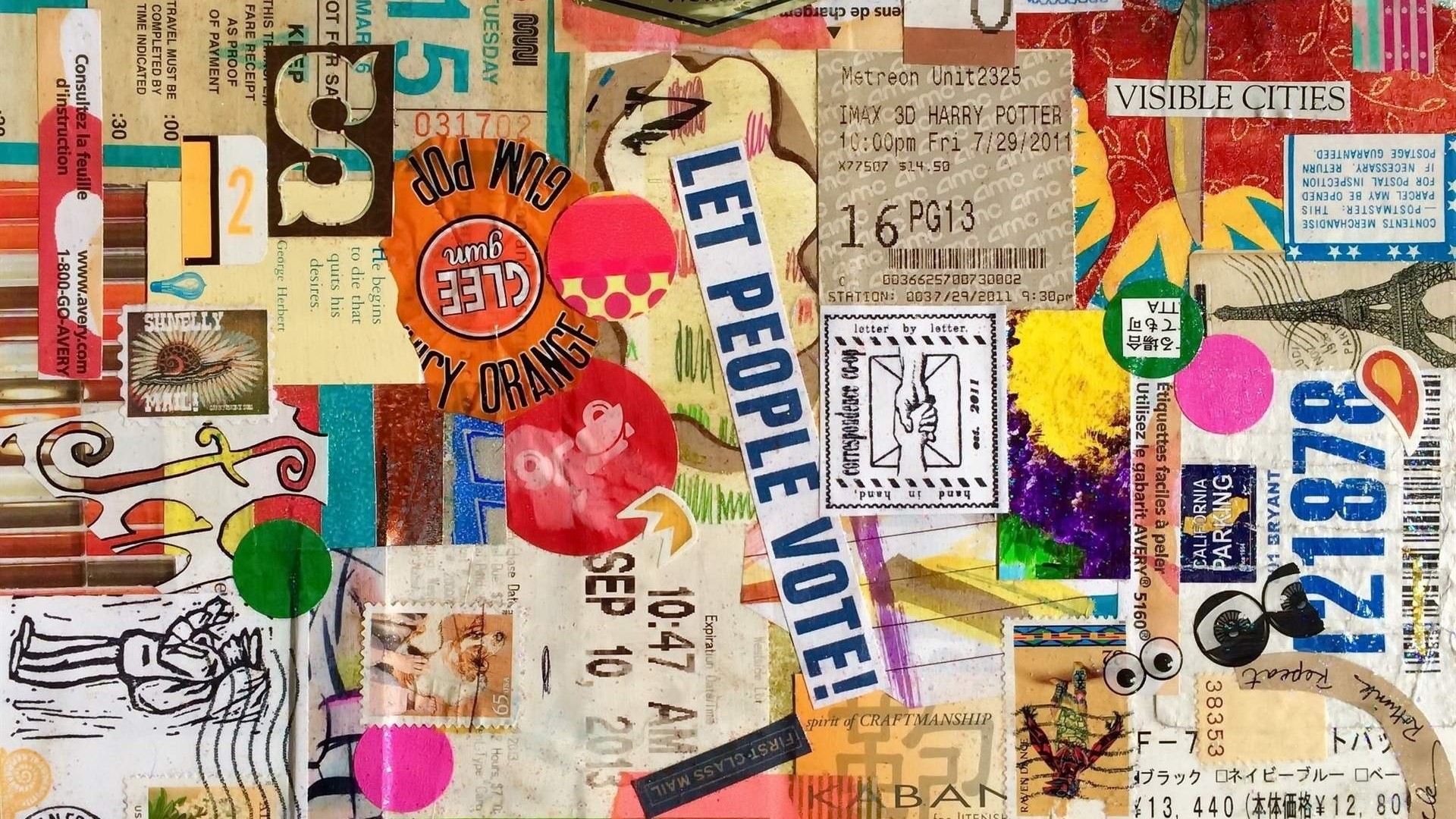 Collage of Post Stamps, Tickets, and Letters HD Wallpaper