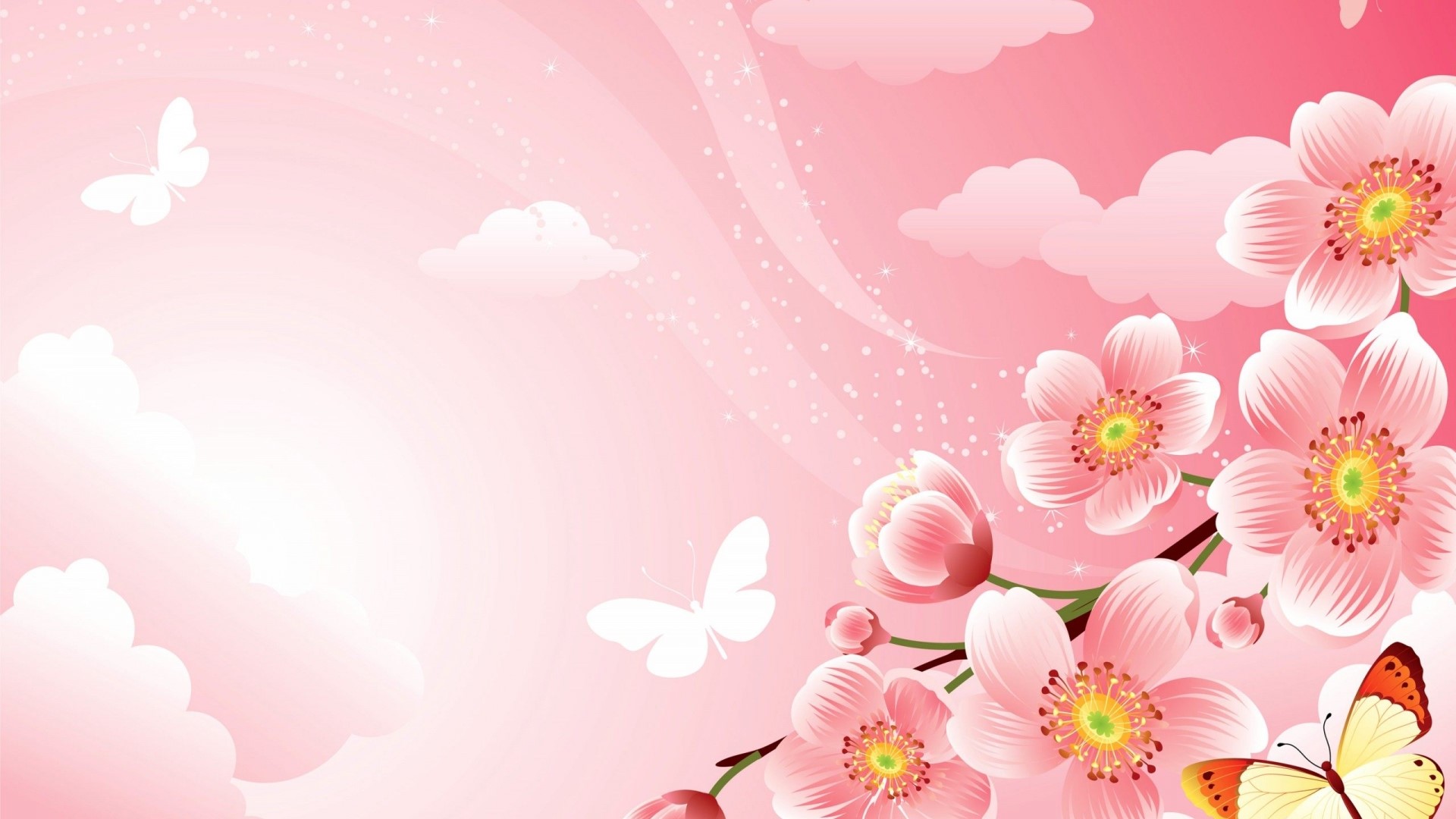 Pink flowers and butterflies on a pink background HD Wallpaper