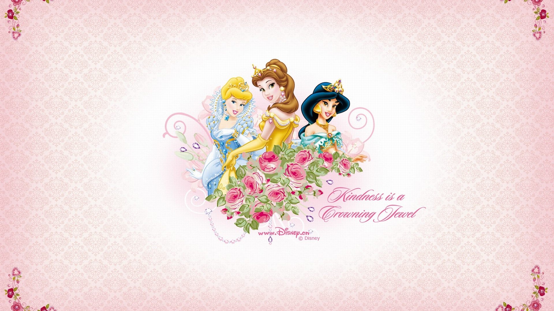 Disney Princesses Cinderella, Belle, and Jasmine with Roses HD Wallpaper