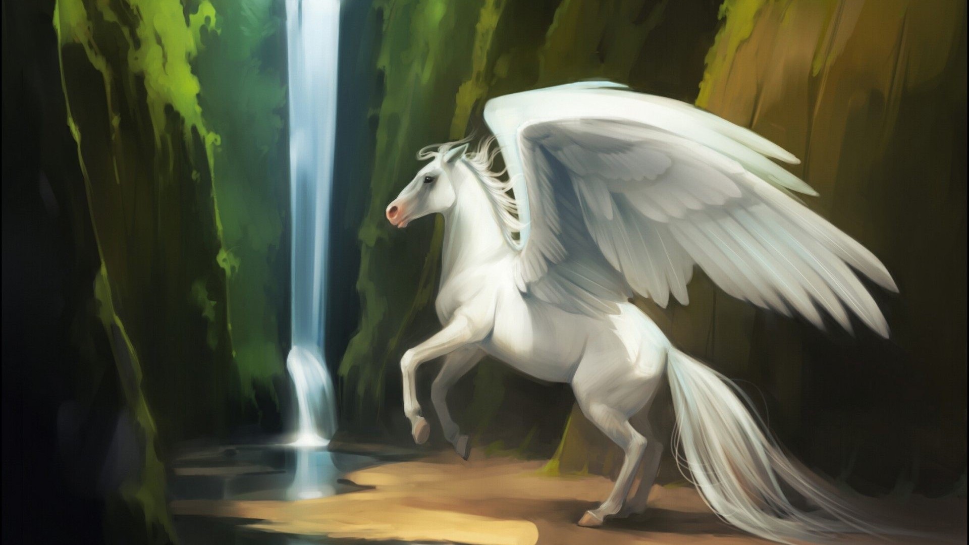 Pegasus in a Waterfall Grotto HD Wallpaper