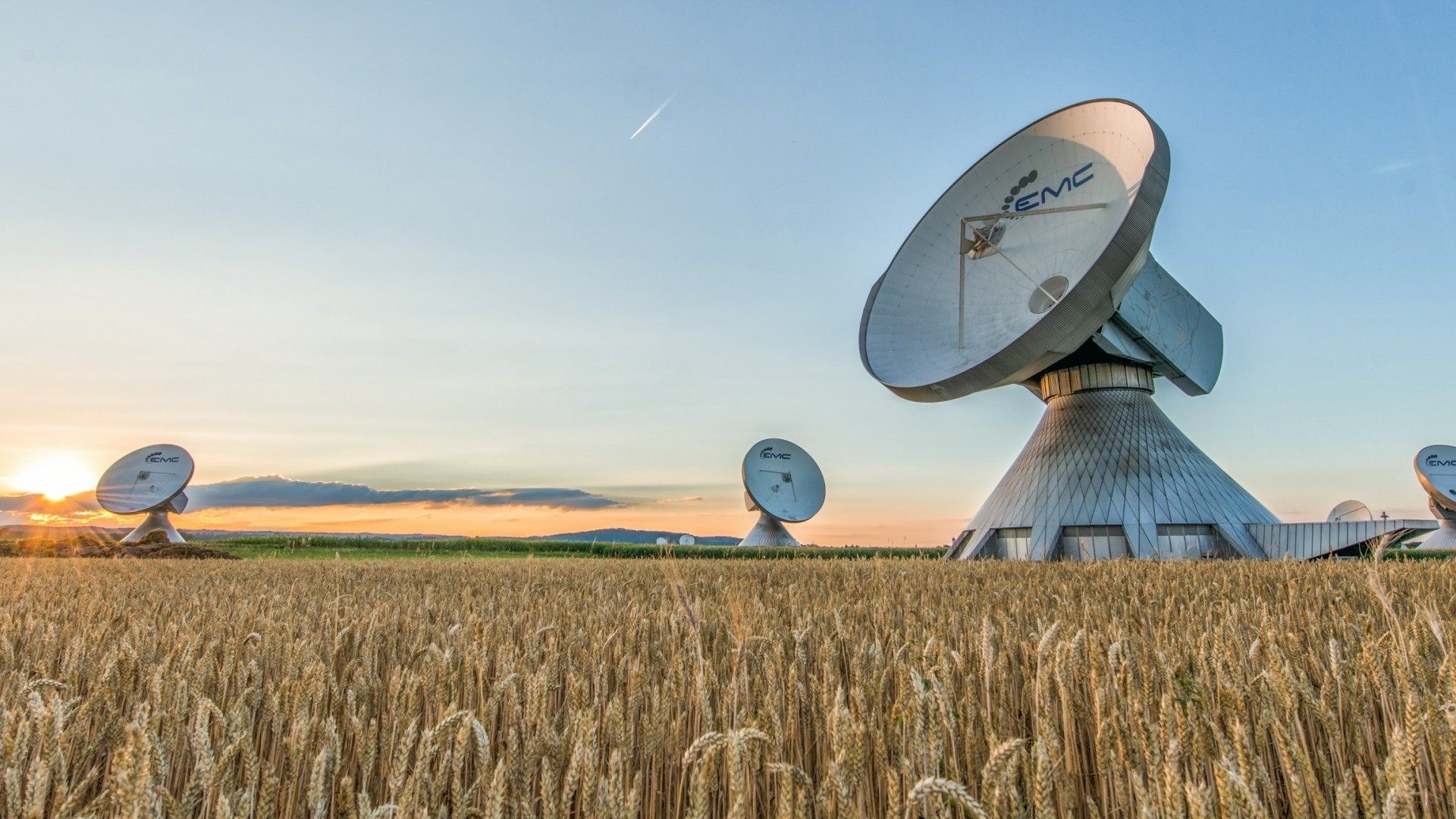 Satellite Dishes in a Wheat Field at Sunset HD Wallpaper