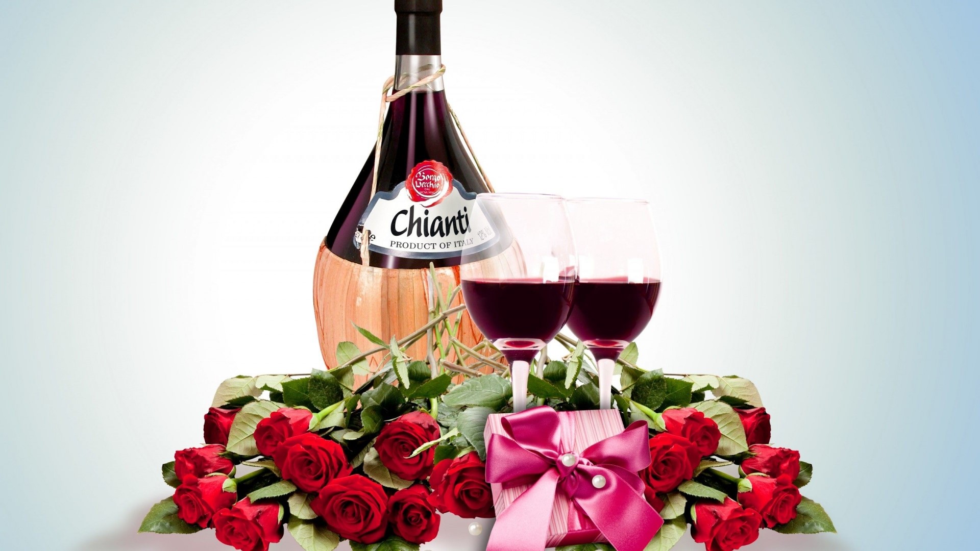 Chianti Wine Bottle with Roses and Gift HD Wallpaper