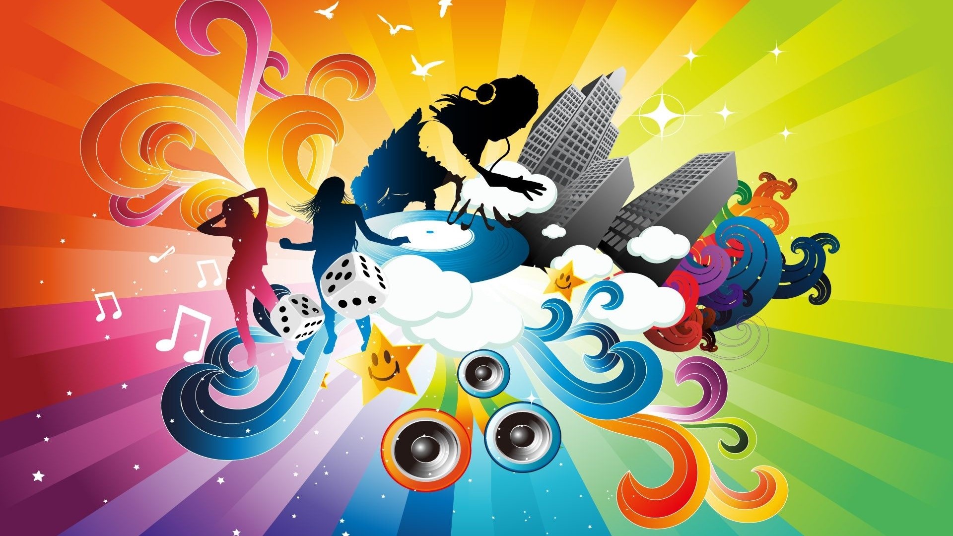 Music vector art with dancing figures and a lizard DJ HD Wallpaper