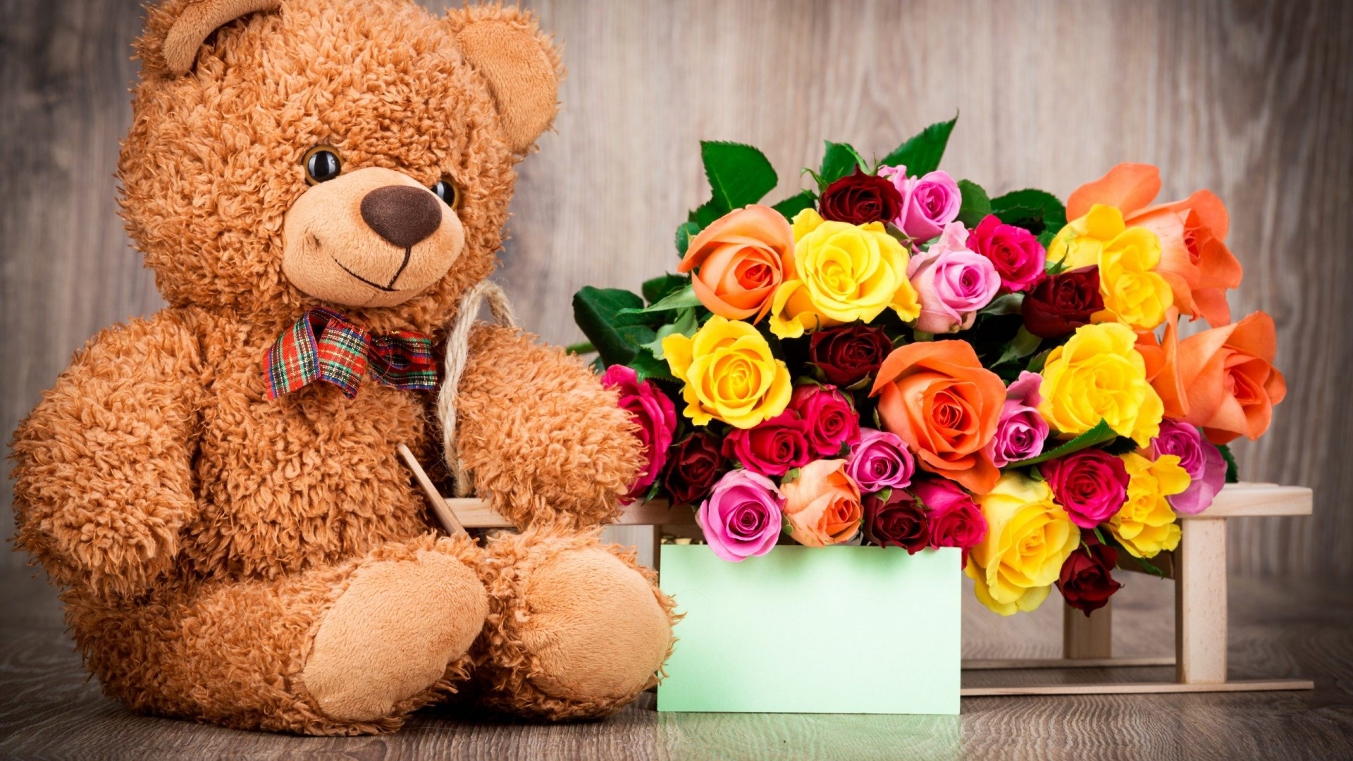 Teddy Bear with Colorful Roses and Gift Card HD Wallpaper