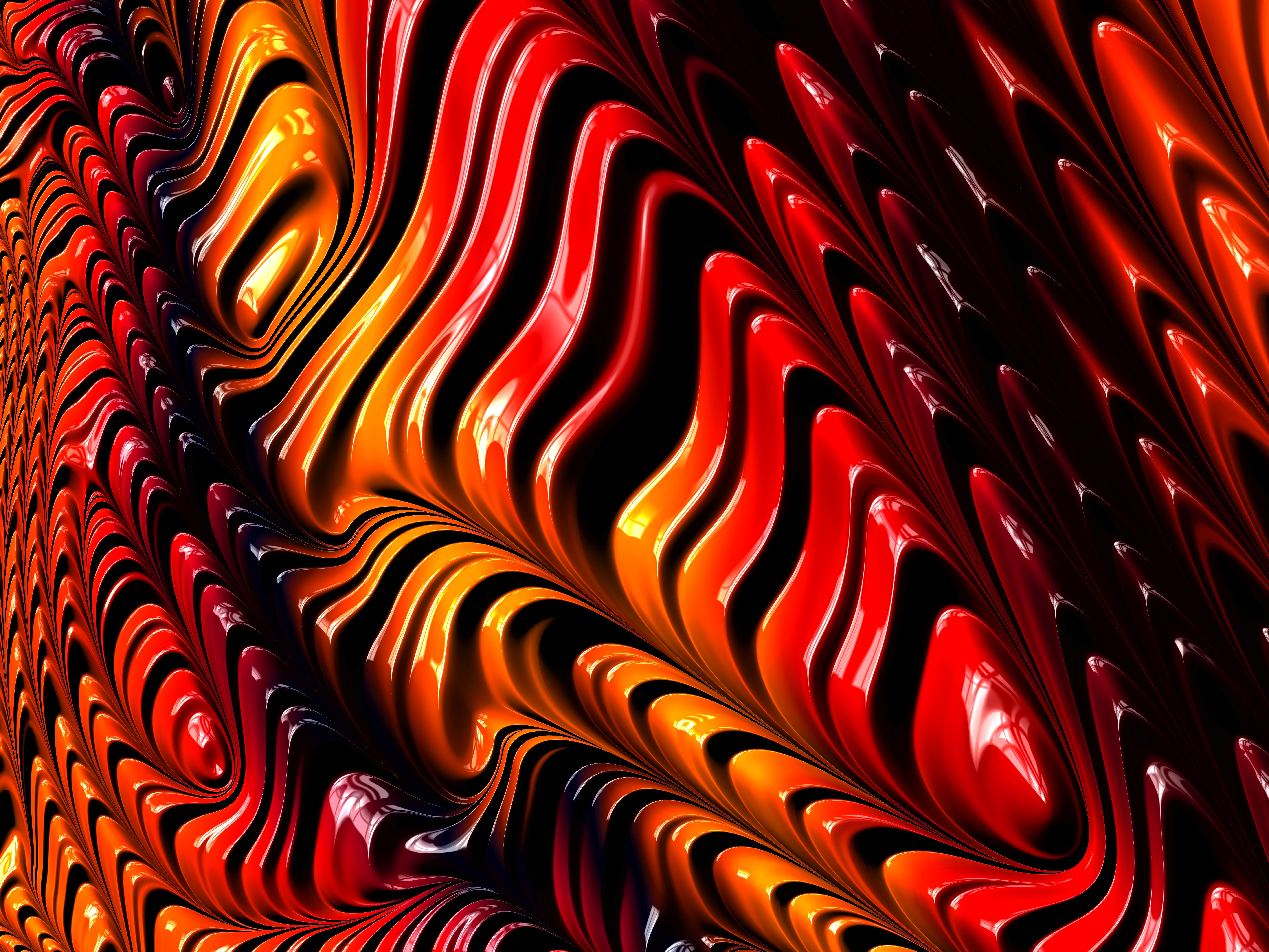 Abstract Fractal Surface with Red and Orange Waves HD Wallpaper