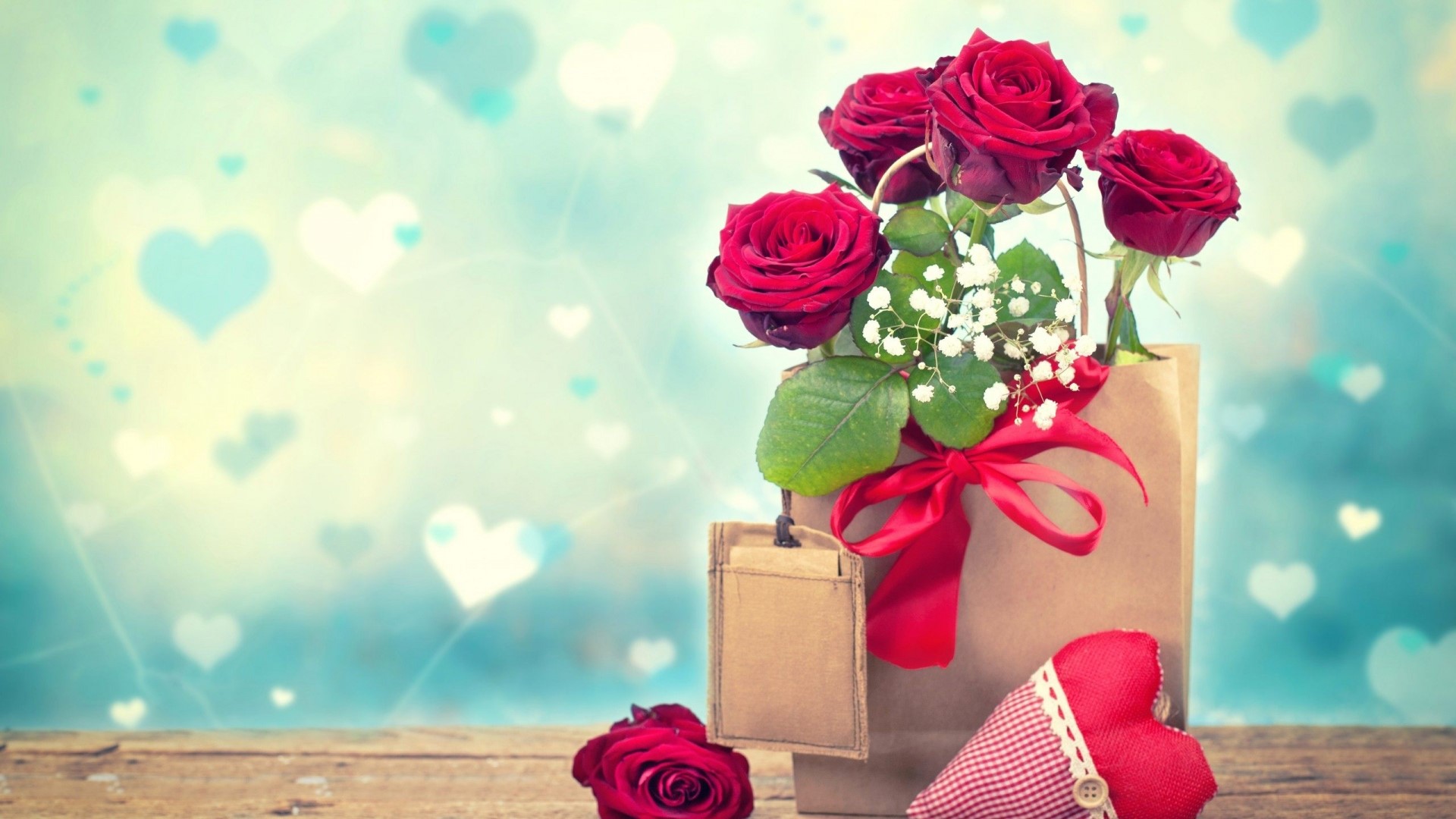 Red Roses in a Gift Bag with Hearts HD Wallpaper