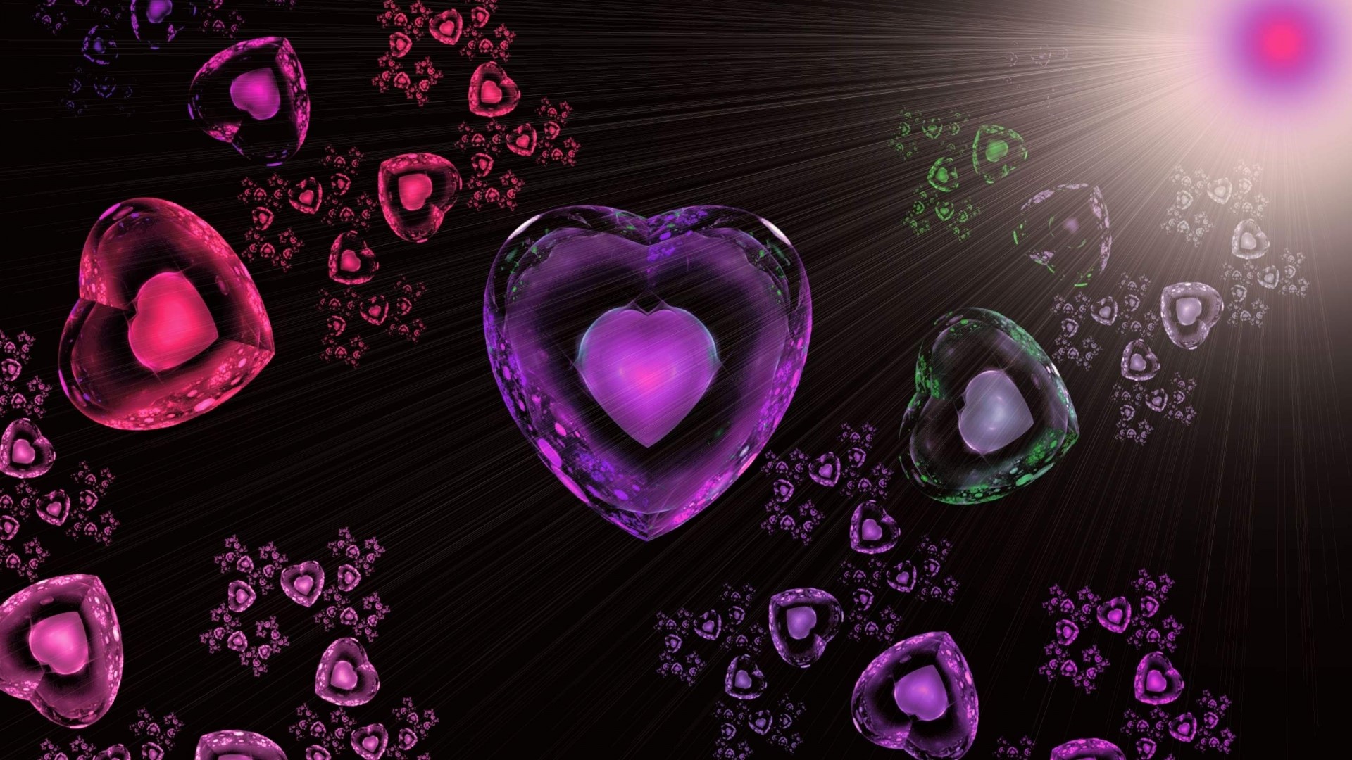 Fractal Hearts with Light Rays HD Wallpaper