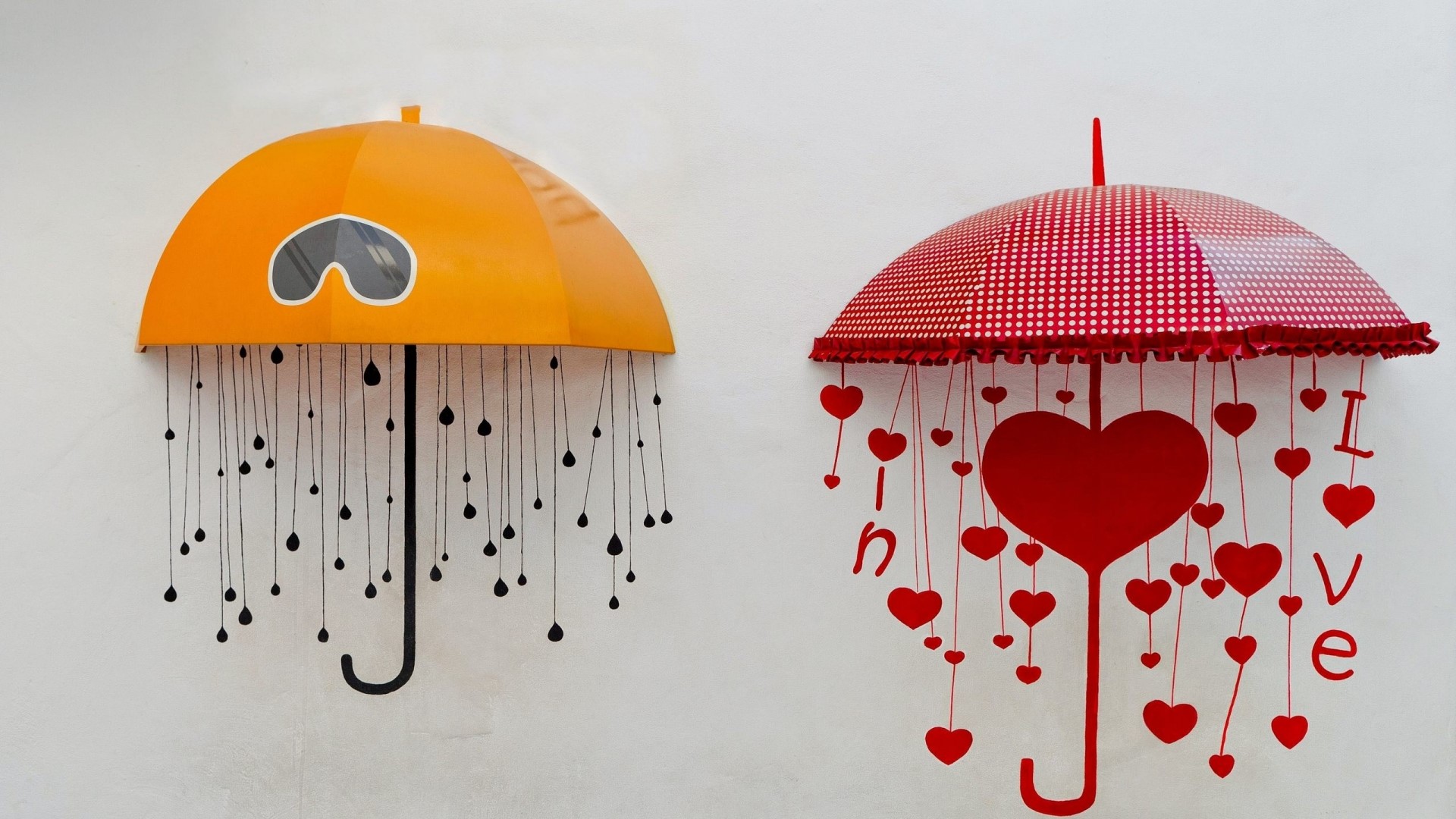 Cute Umbrellas with Heart and Rain Decorations HD Wallpaper