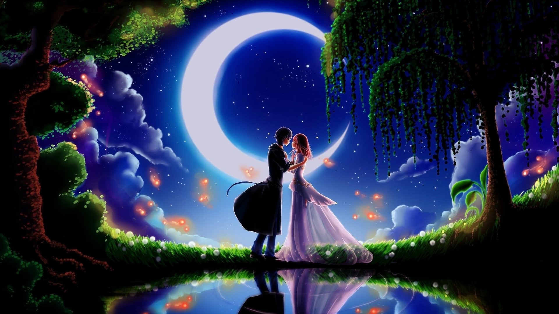 Couple embracing under a crescent moon HD Wallpaper