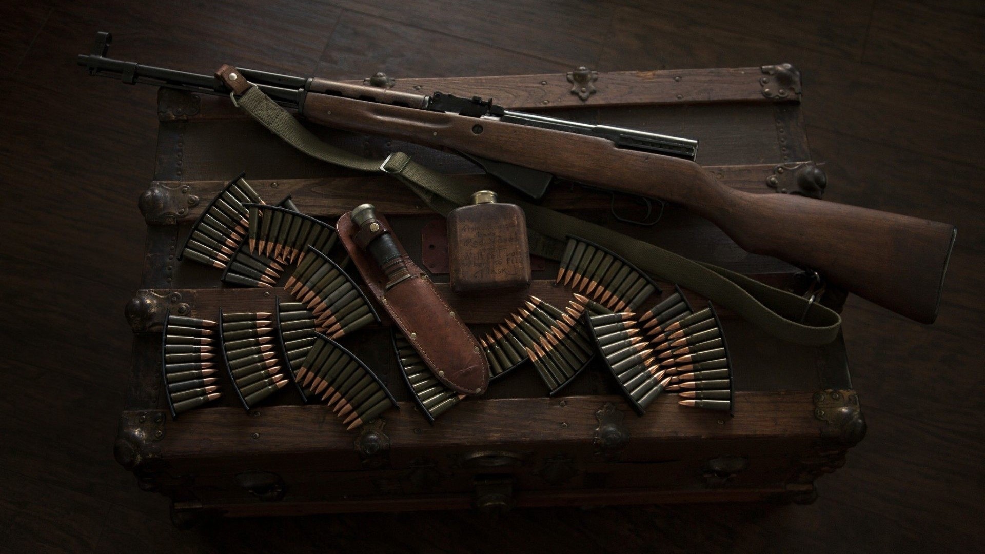 Rifle, ammunition, knife, and flask on a trunk HD Wallpaper