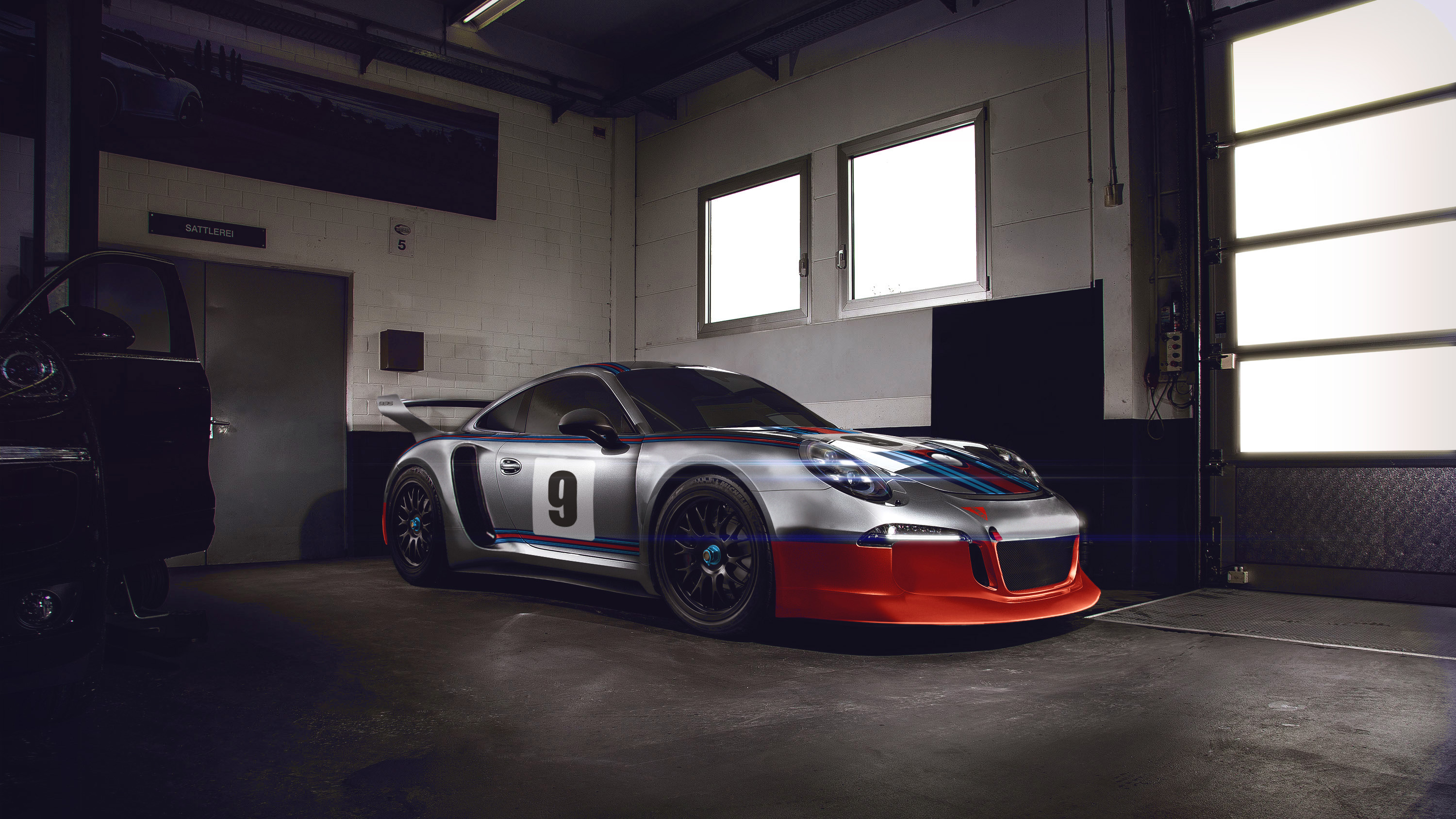 Martini Racing Porsche 911 GT3 in a garage HD Wallpaper