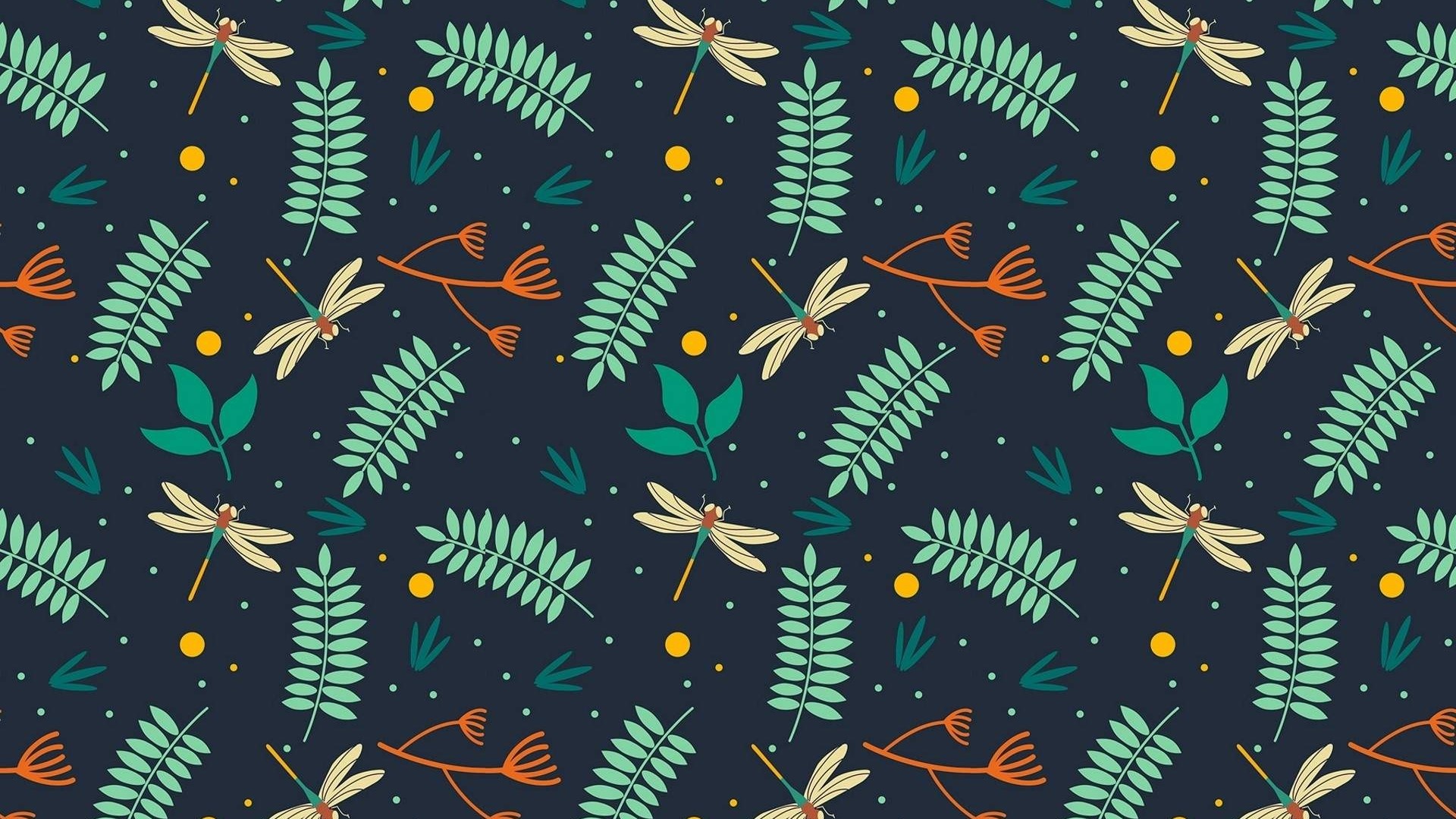 Dragonflies and Leaves Pattern HD Wallpaper