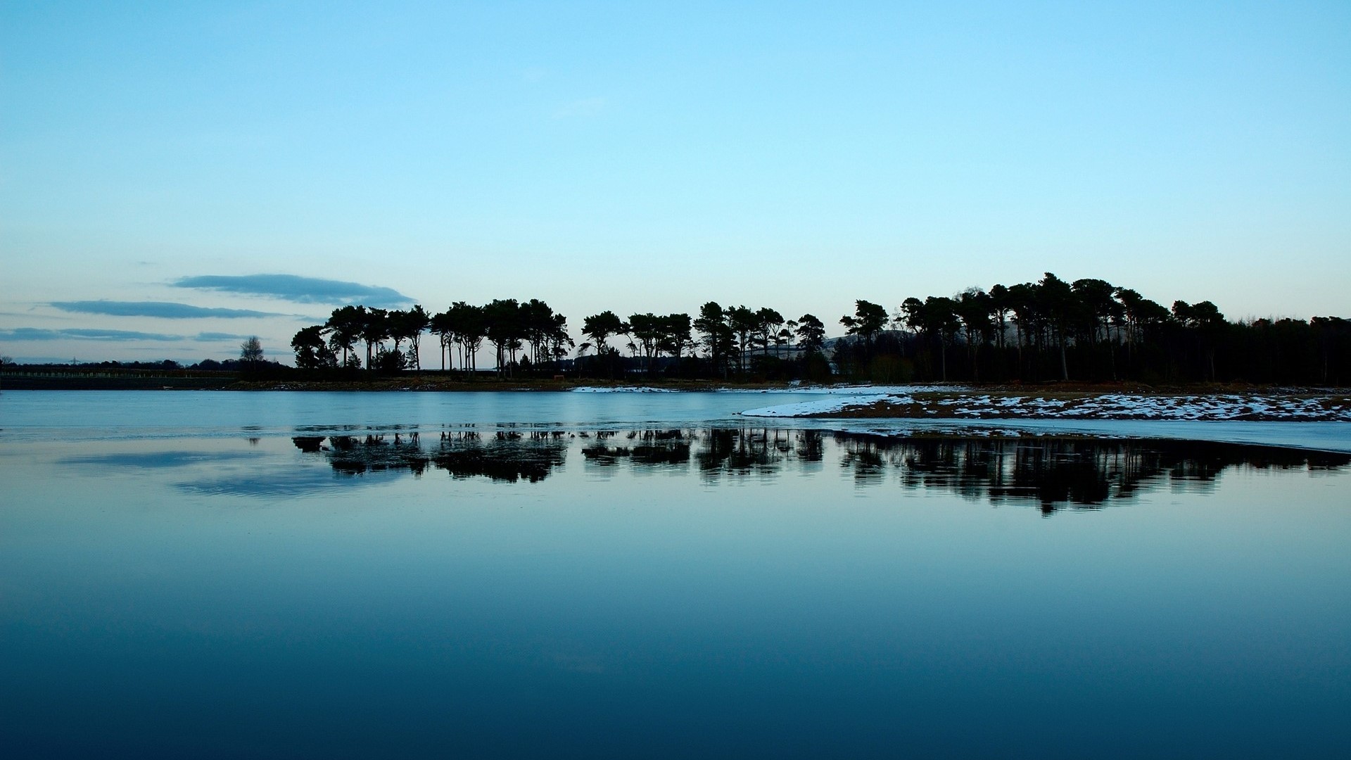 Forest reflection on a calm lake at dusk HD Wallpaper