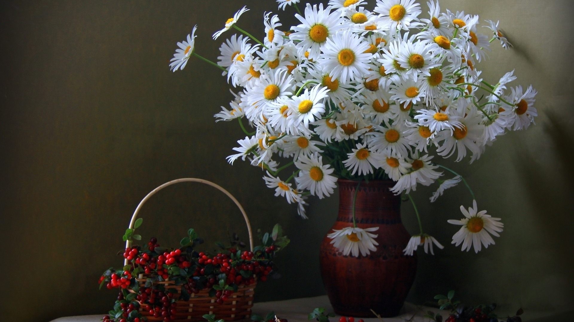 Vase of Daisies and Basket of Berries HD Wallpaper
