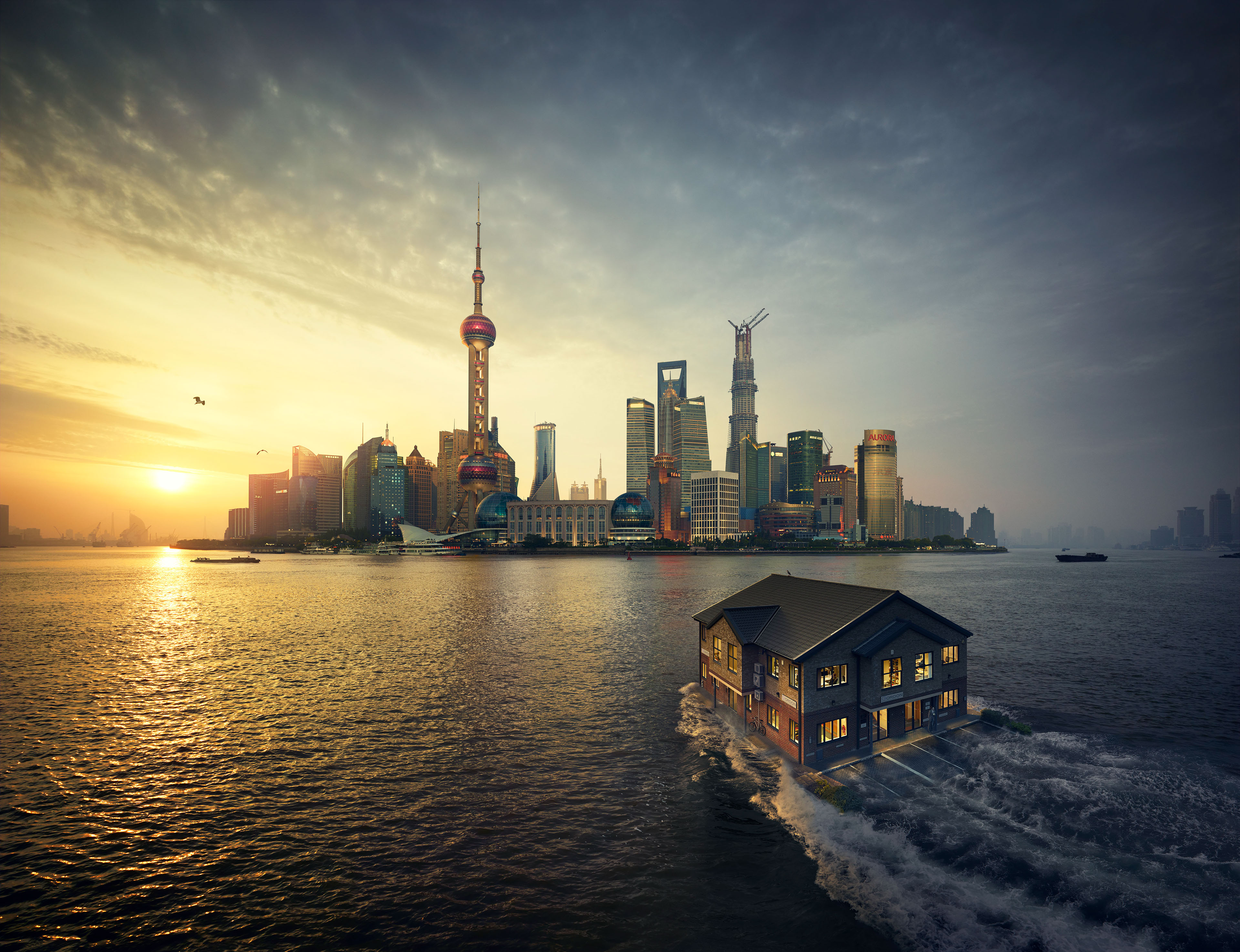 Floating house in Shanghai at sunset HD Wallpaper