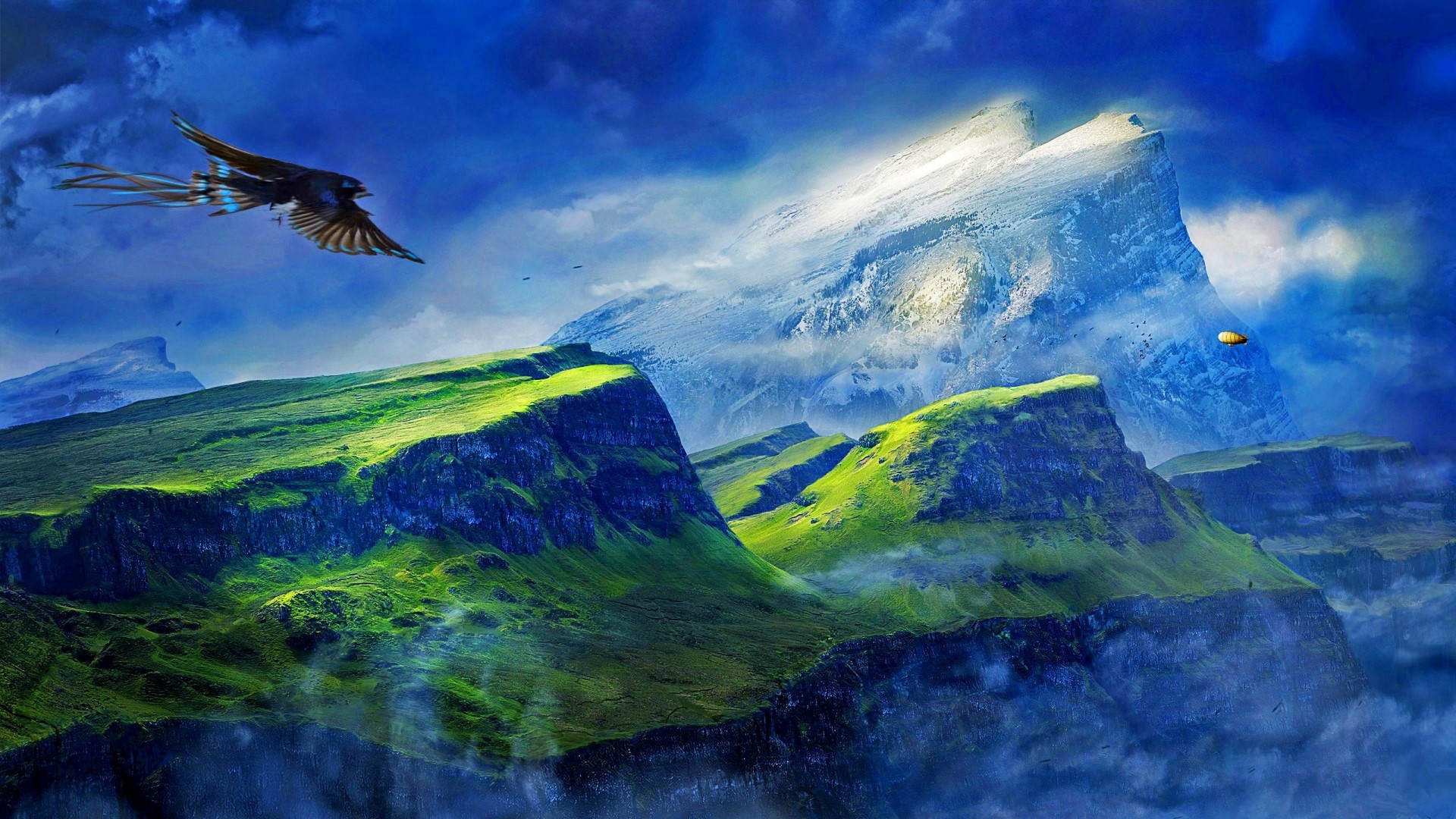 Fantasy bird flying over green mountains and snowy peaks HD Wallpaper