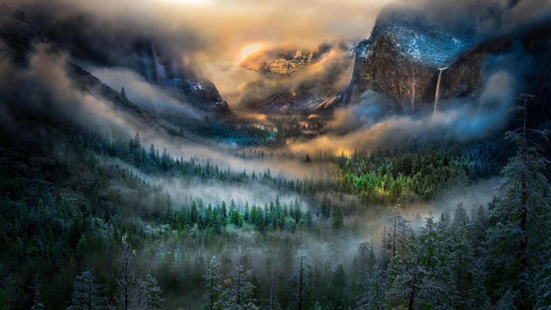 Misty Mountains Forest Clearing Winter Storm HD Wallpaper