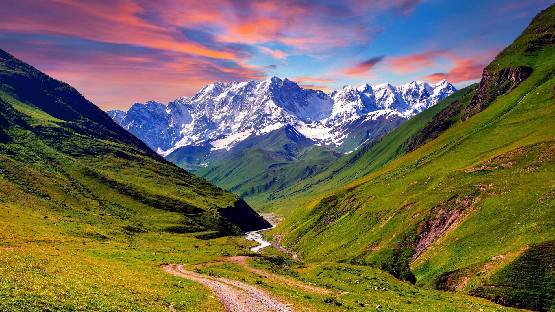 Mountain Landscape with River and Snow-Capped Peaks HD Wallpaper