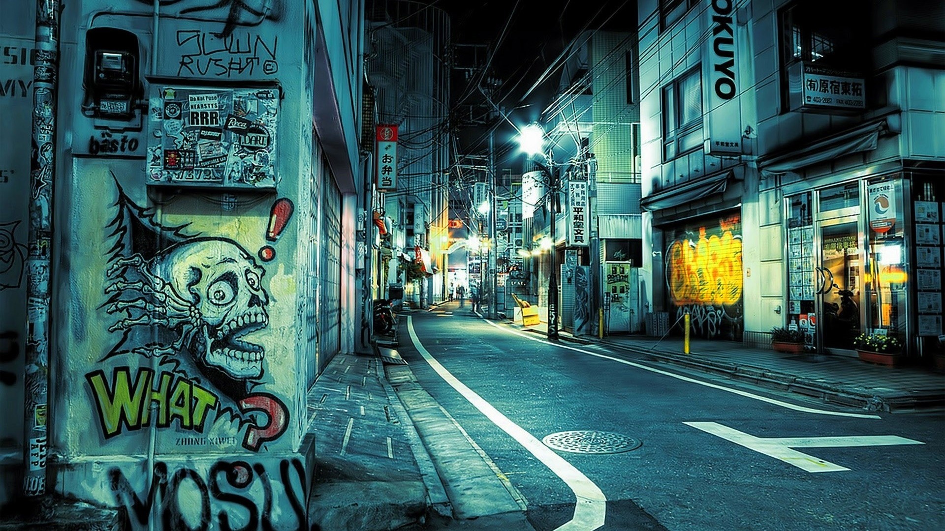 Graffiti on a Tokyo street at night HD Wallpaper