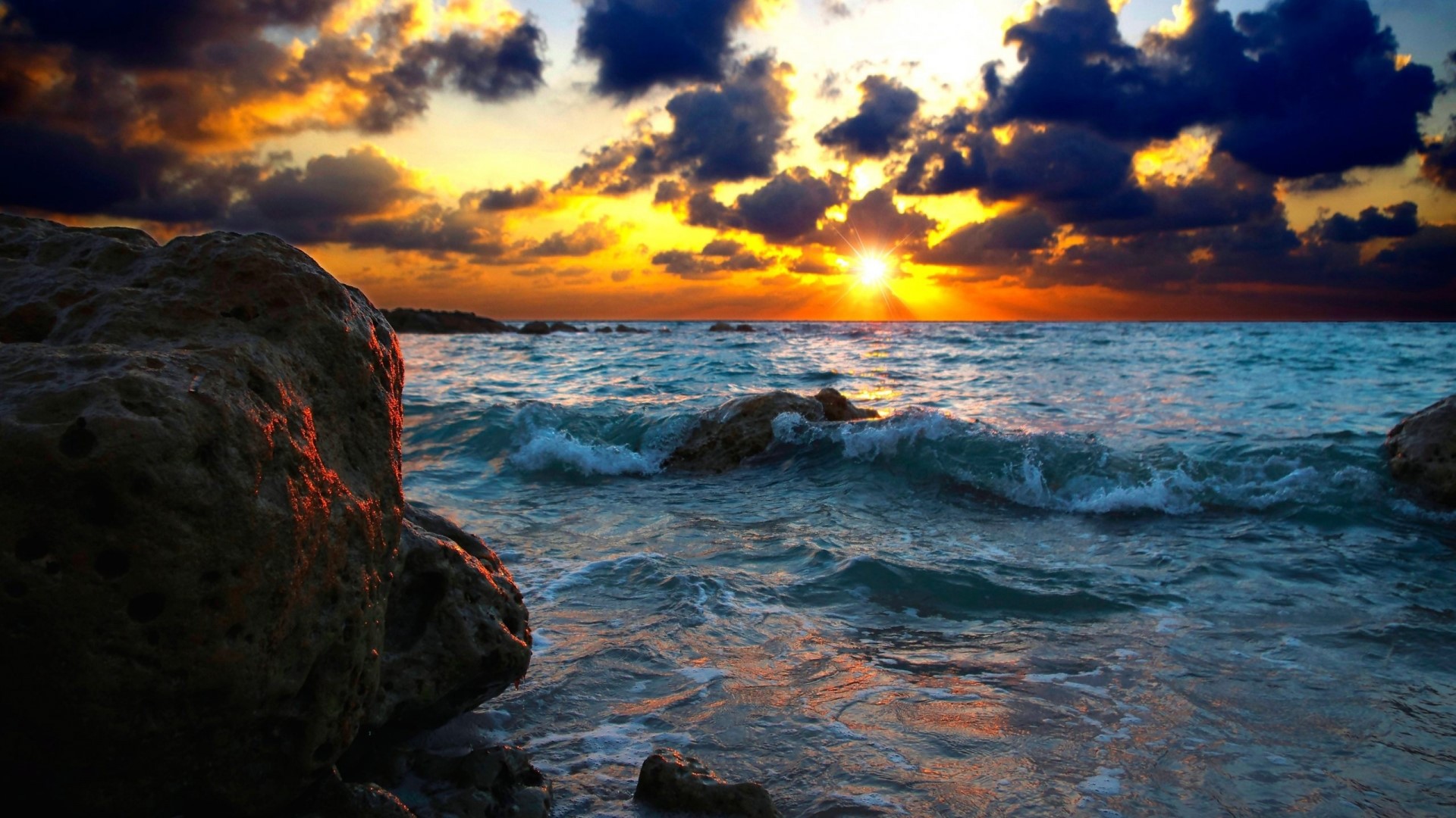 Sea Sunset with Rocks and Clouds HD Wallpaper