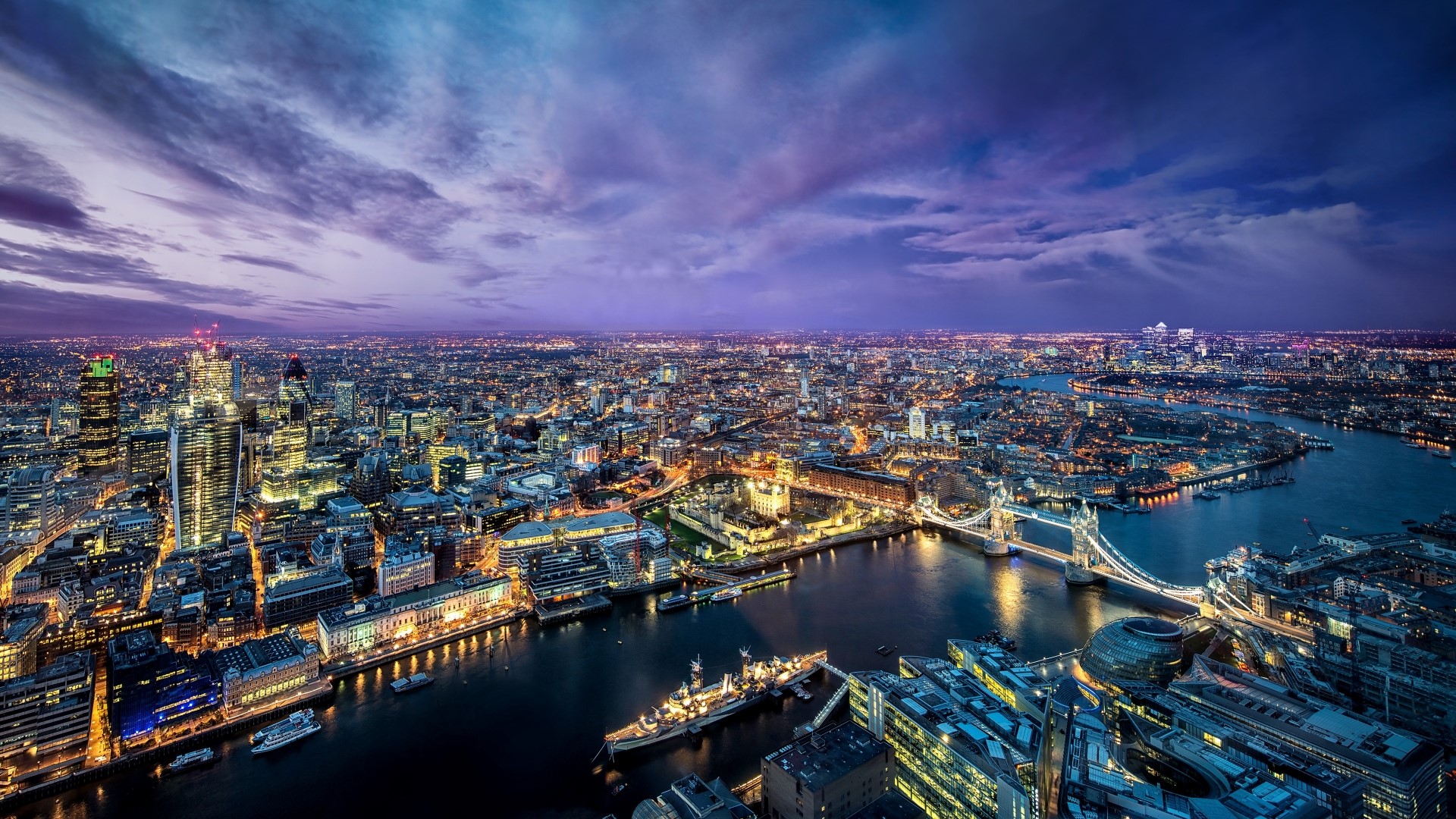 Aerial View of London at Night with Tower Bridge HD Wallpaper
