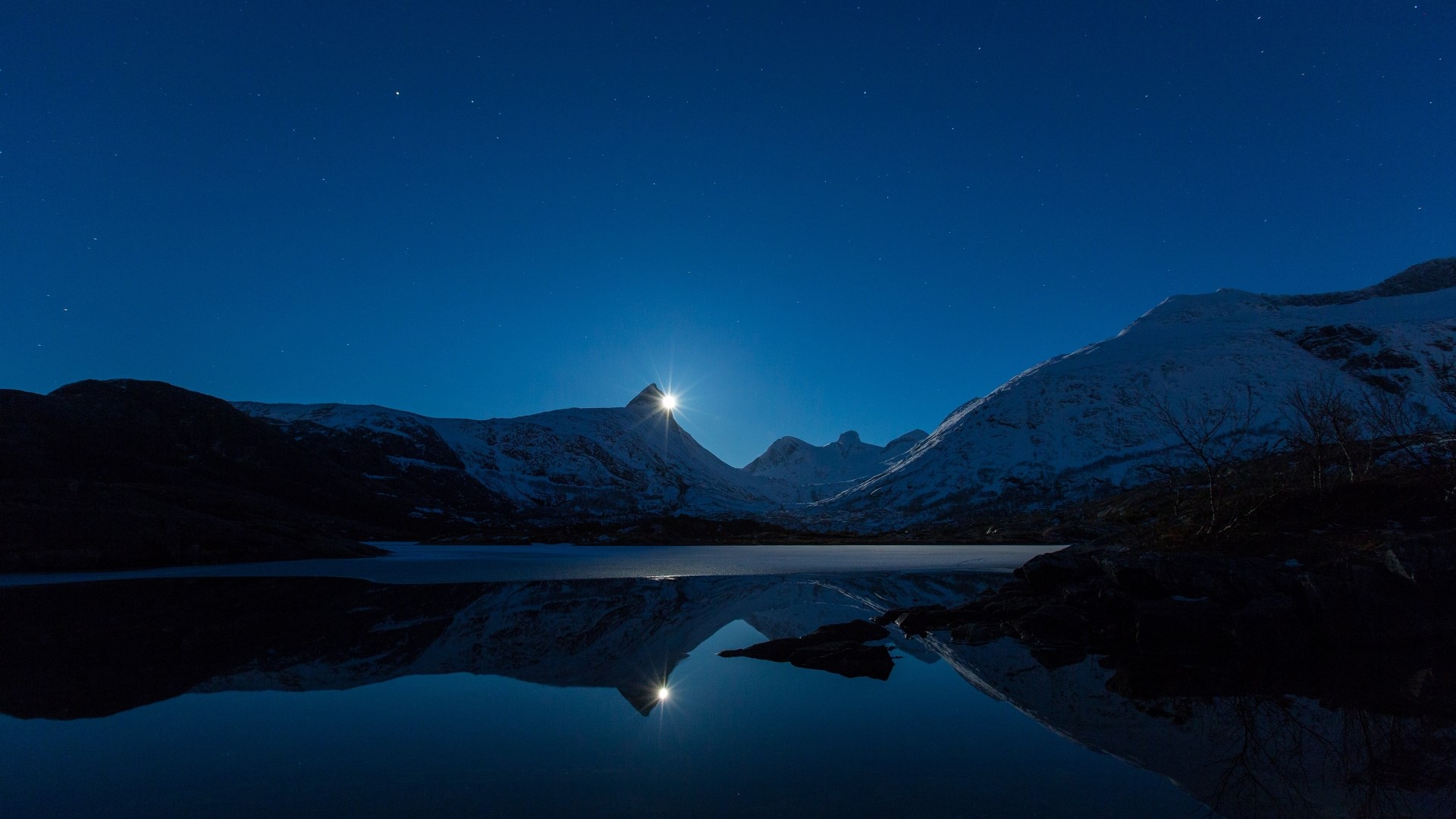 Moon shining over snowy mountains and lake HD Wallpaper